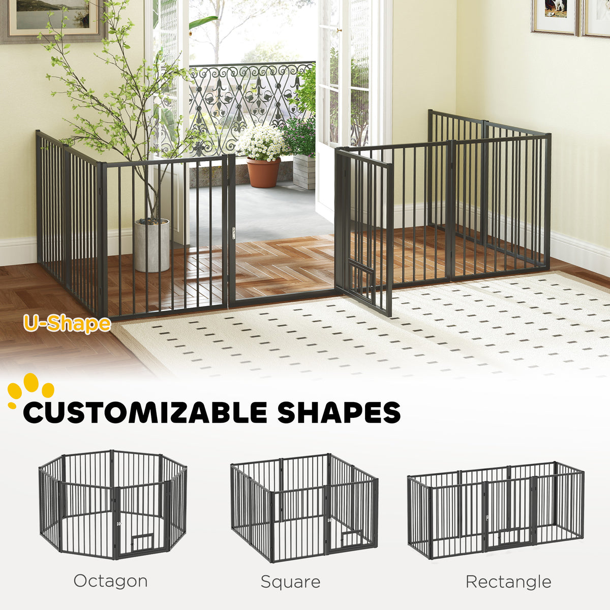 8-Panel Foldable Steel Dog Playpen with Cat Door - Black 30"H-Dogs-DECOROLALA