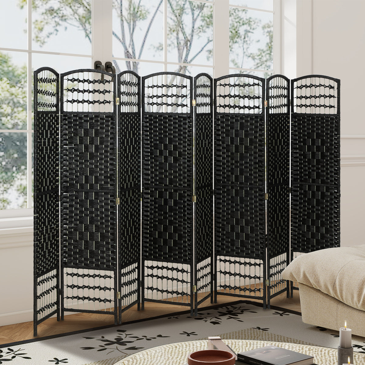 8 Panel Folding Room Divider - Black 67" Privacy Screen-Home Furnishings > Living Room Furniture > Room Dividers-DECOROLALA