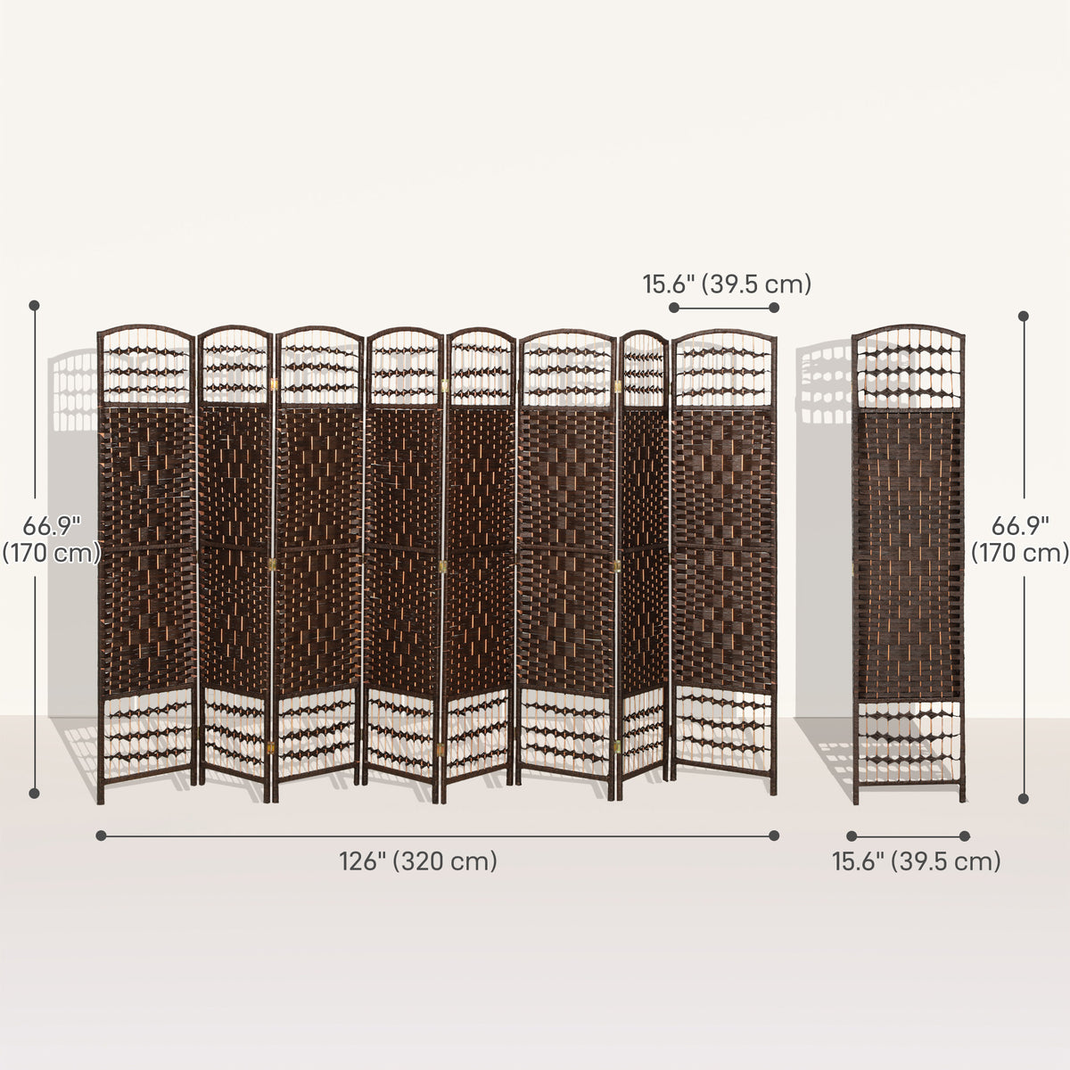 8-Panel Folding Room Divider - Brown 67" Fiber Privacy Screen-Home Furnishings > Living Room Furniture > Room Dividers-DECOROLALA