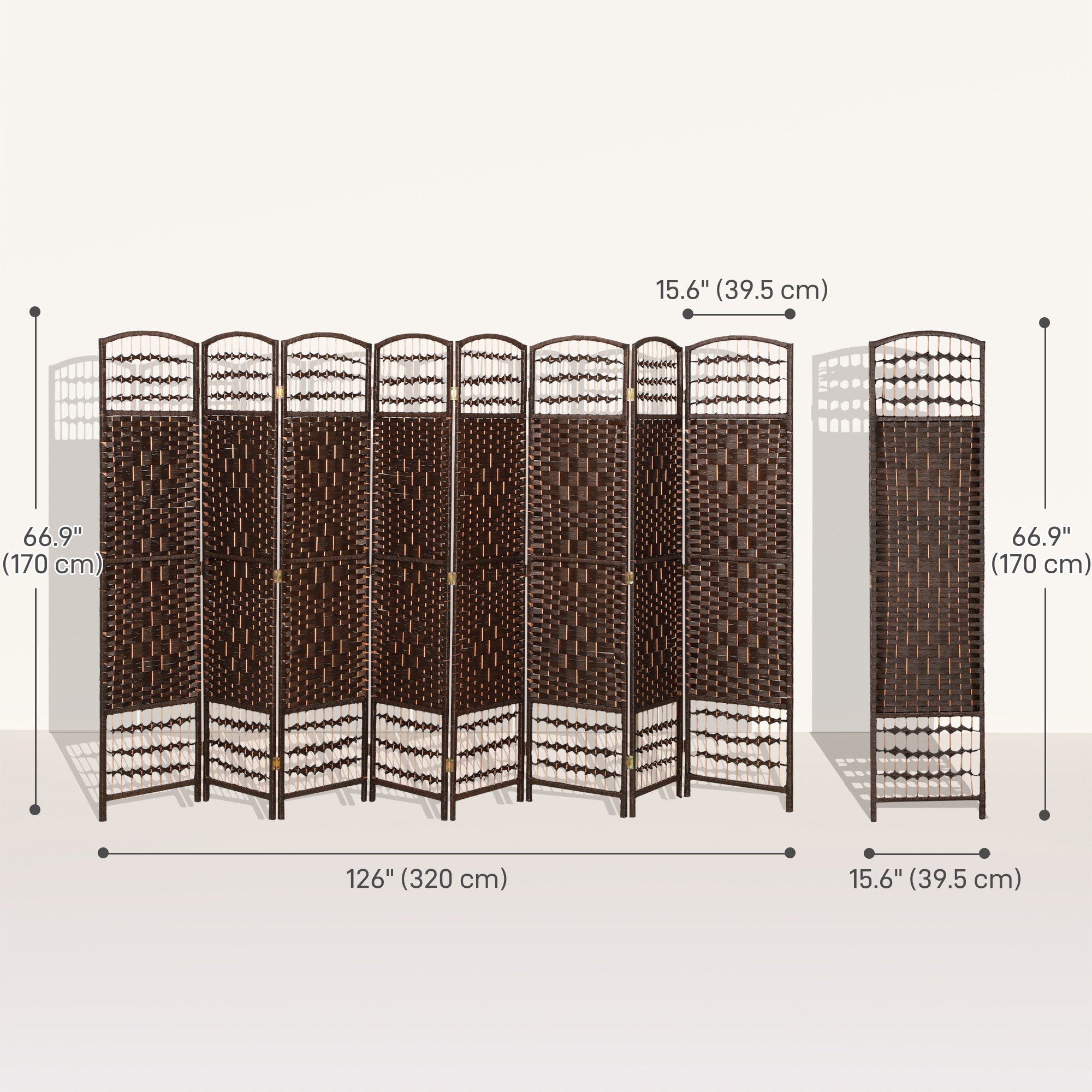 8-Panel Folding Room Divider - Brown 67" Fiber Privacy Screen-Home Furnishings > Living Room Furniture > Room Dividers-DECOROLALA