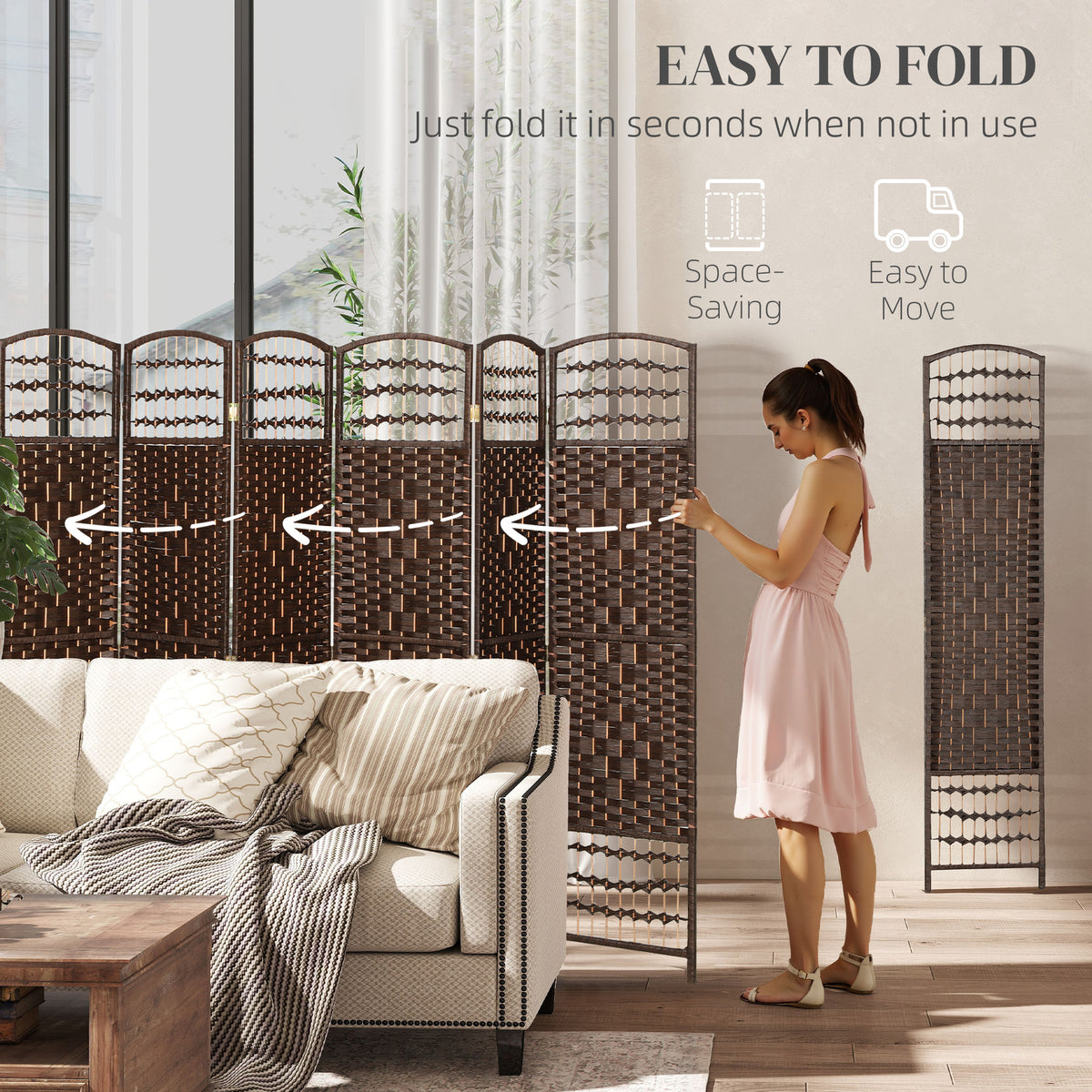 8-Panel Folding Room Divider - Brown 67" Fiber Privacy Screen-Home Furnishings > Living Room Furniture > Room Dividers-DECOROLALA