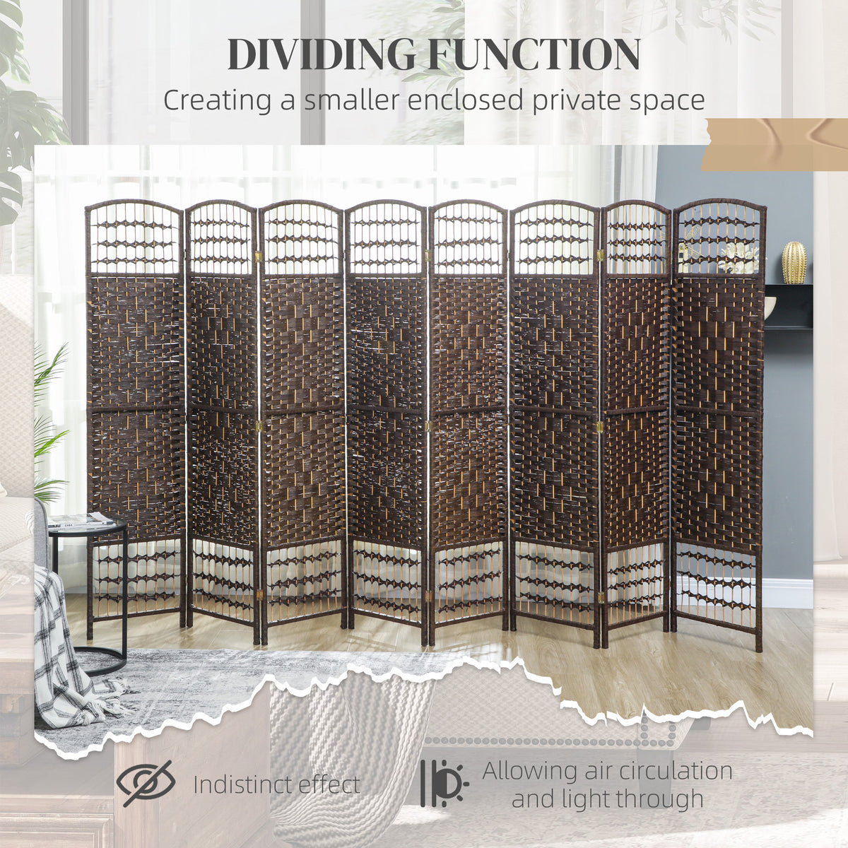 8-Panel Folding Room Divider - Brown 67" Fiber Privacy Screen-Home Furnishings > Living Room Furniture > Room Dividers-DECOROLALA
