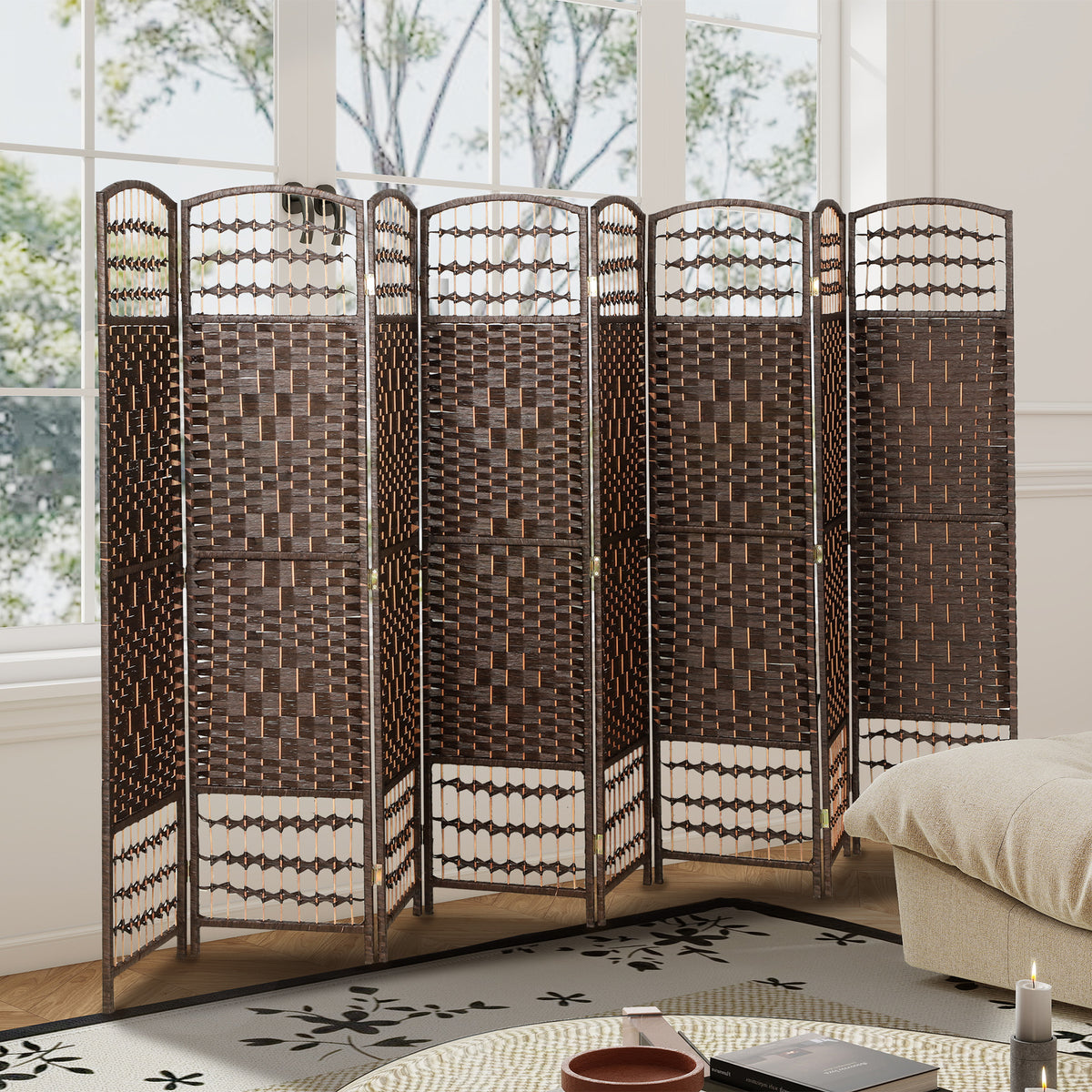 8-Panel Folding Room Divider - Brown 67" Fiber Privacy Screen-Home Furnishings > Living Room Furniture > Room Dividers-DECOROLALA