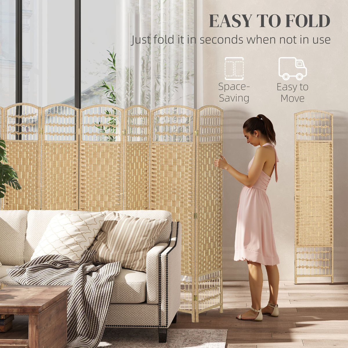 8-Panel Folding Room Divider - Natural 67" Privacy Screen-Home Furnishings > Living Room Furniture > Room Dividers-DECOROLALA