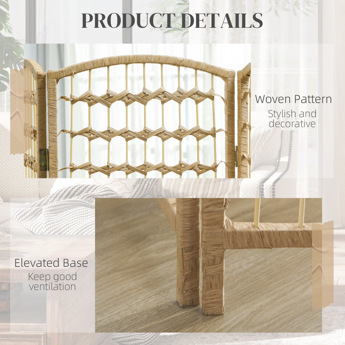 8-Panel Folding Room Divider - Natural 67" Privacy Screen-Home Furnishings > Living Room Furniture > Room Dividers-DECOROLALA