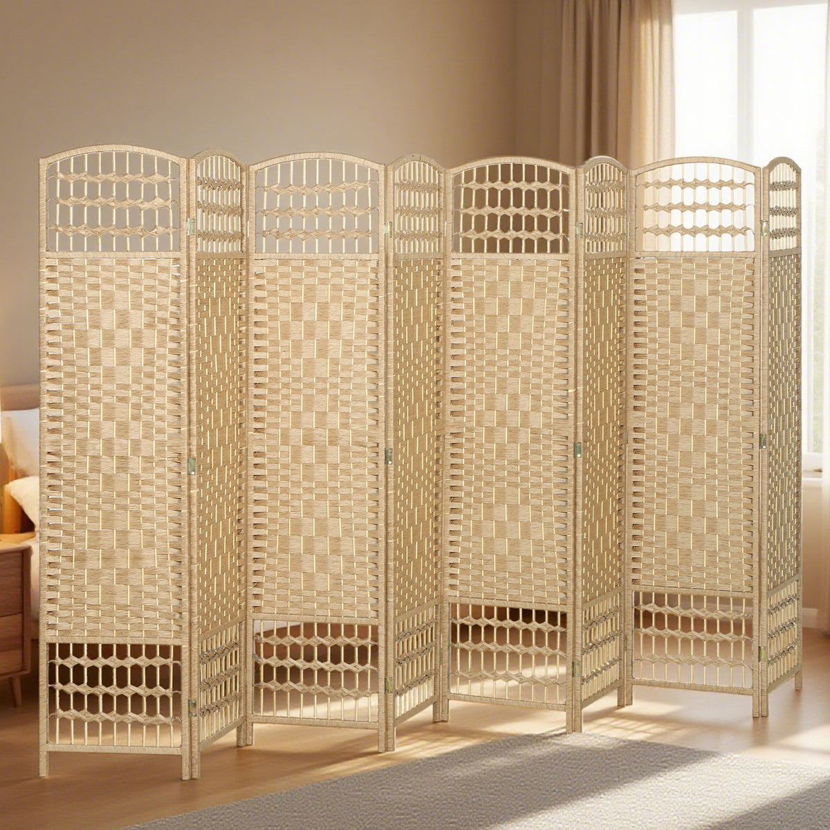 8-Panel Folding Room Divider - Natural 67" Privacy Screen-Home Furnishings > Living Room Furniture > Room Dividers-DECOROLALA