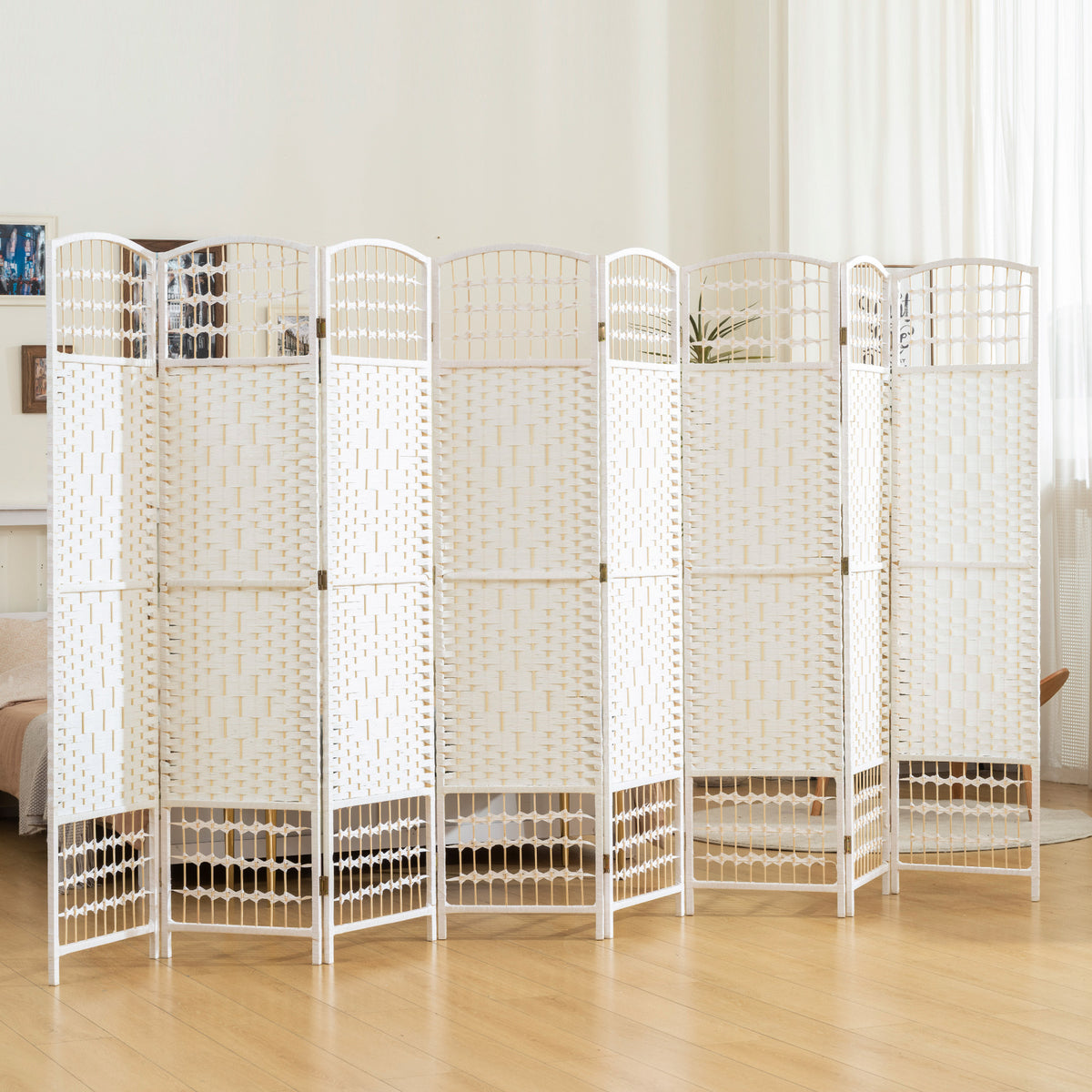 8-Panel Folding Room Divider - White 67" Privacy Screen-Home Furnishings > Living Room Furniture > Room Dividers-DECOROLALA