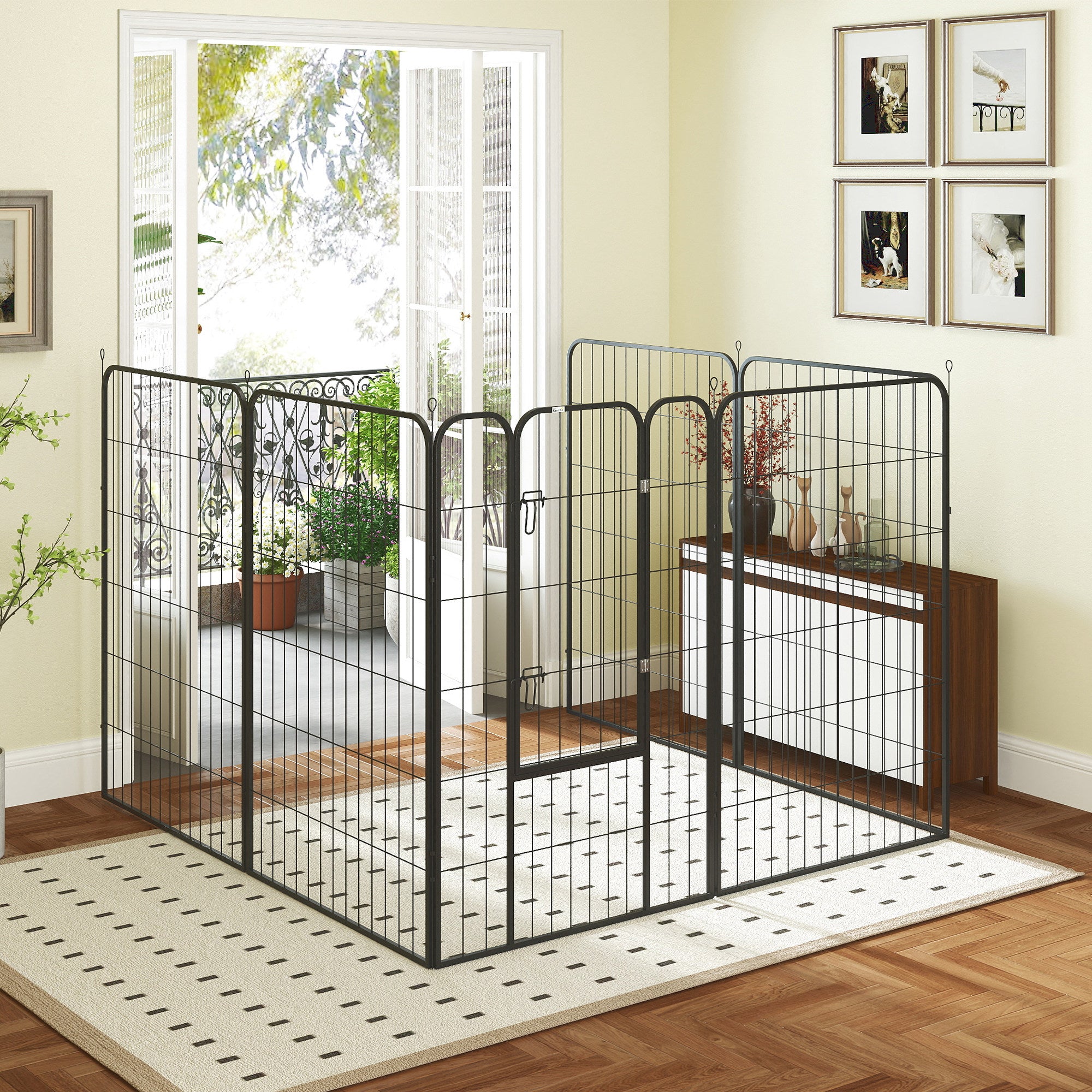 8-Panel Metal Pet Playpen - Black 47"H Foldable Dog Fence-Dogs-DECOROLALA