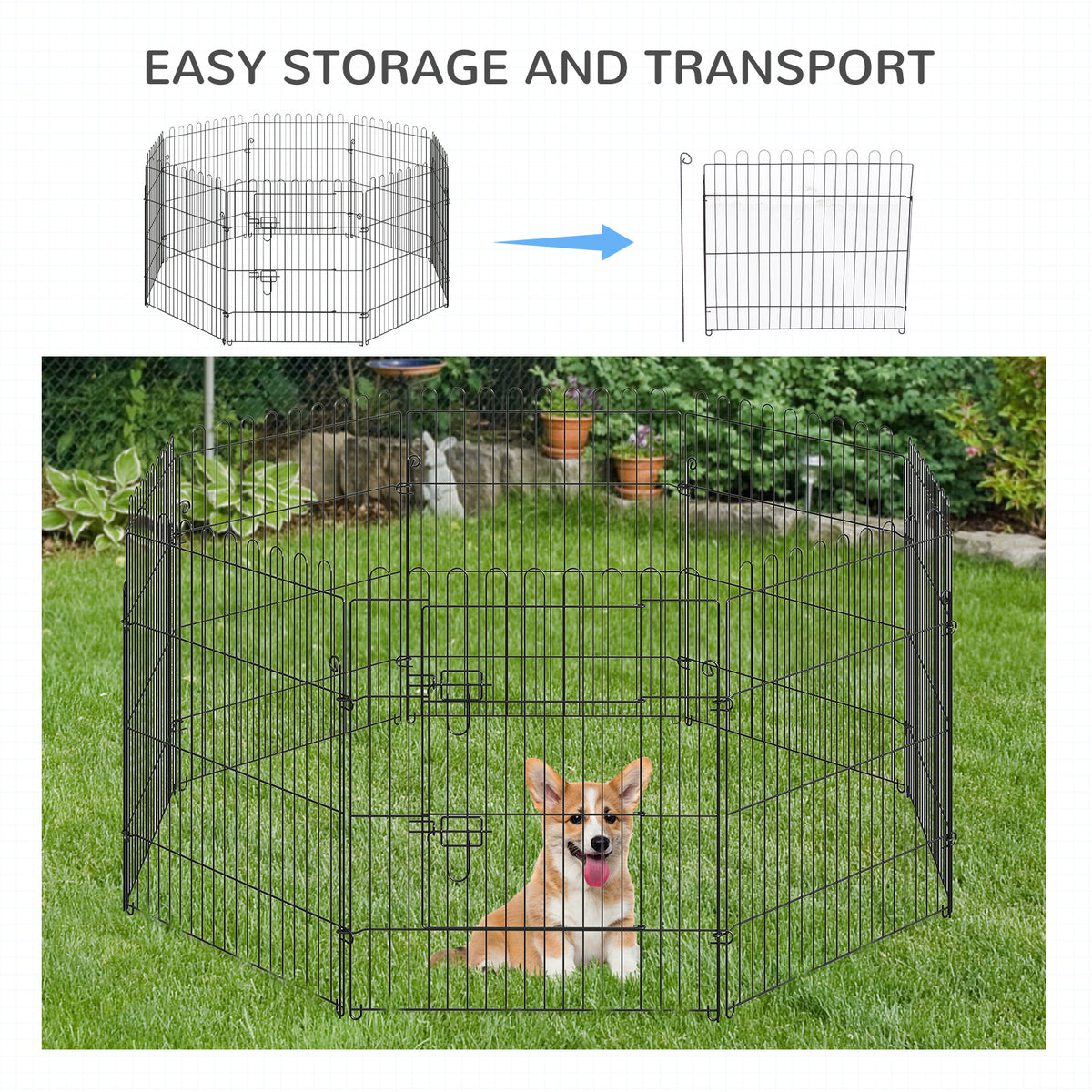8-Panel Octagon Pet Playpen - 30" Foldable Metal Dog Crate Black-Dogs-DECOROLALA