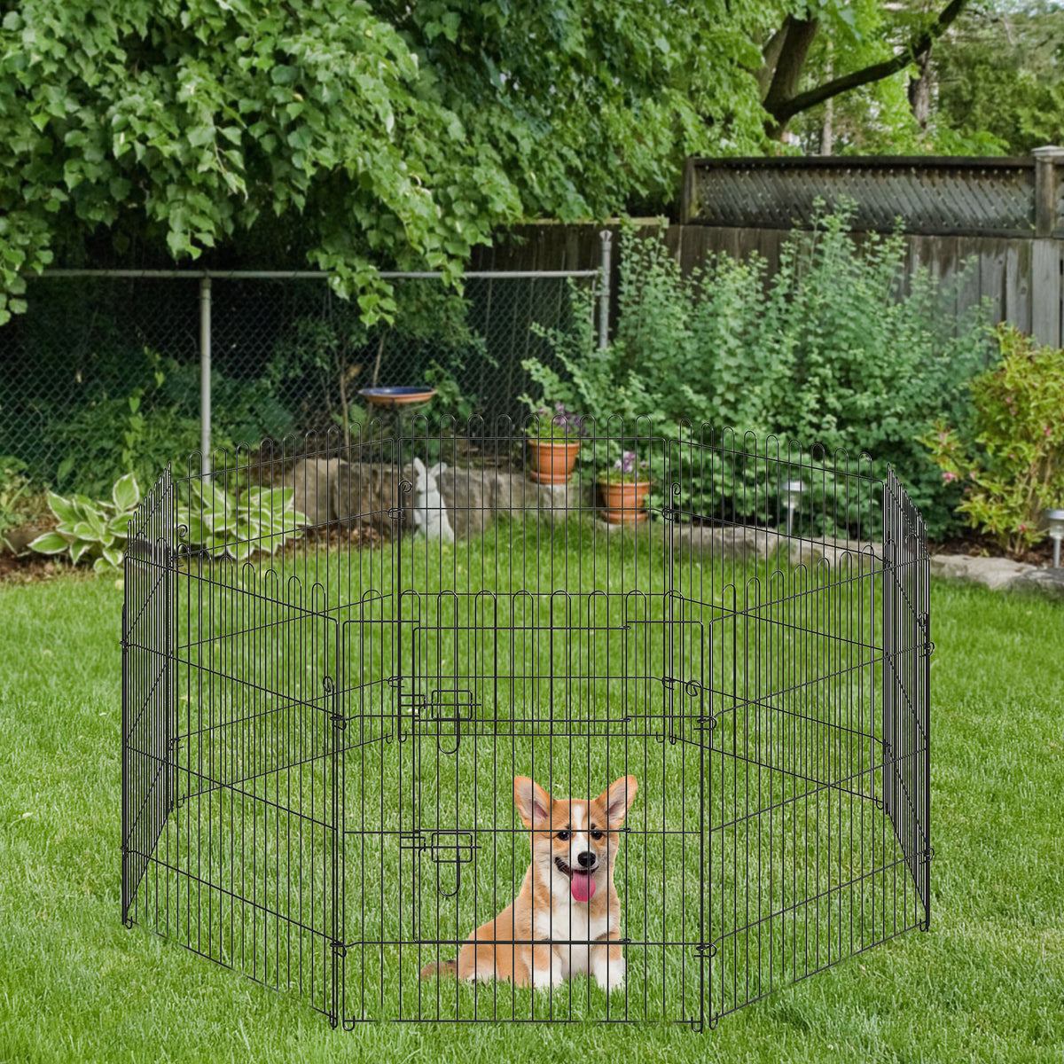 8-Panel Octagon Pet Playpen - 30" Foldable Metal Dog Crate Black-Dogs-DECOROLALA