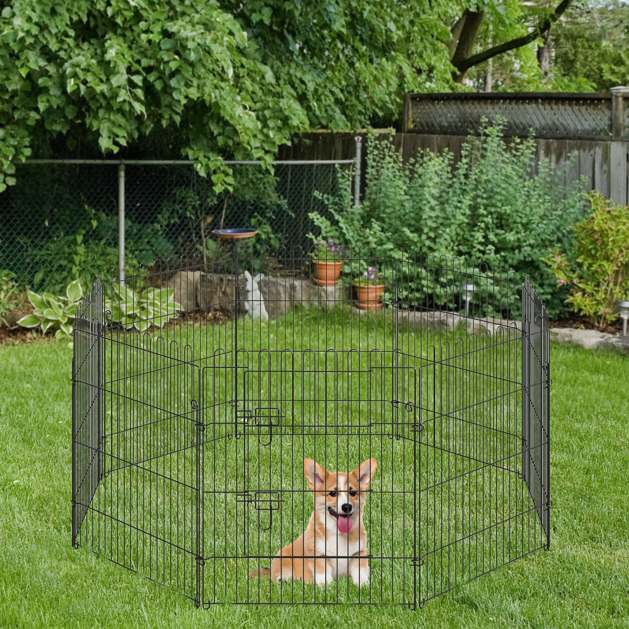 8-Panel Octagon Pet Playpen - 30" Foldable Metal Dog Crate Black-Dogs-DECOROLALA