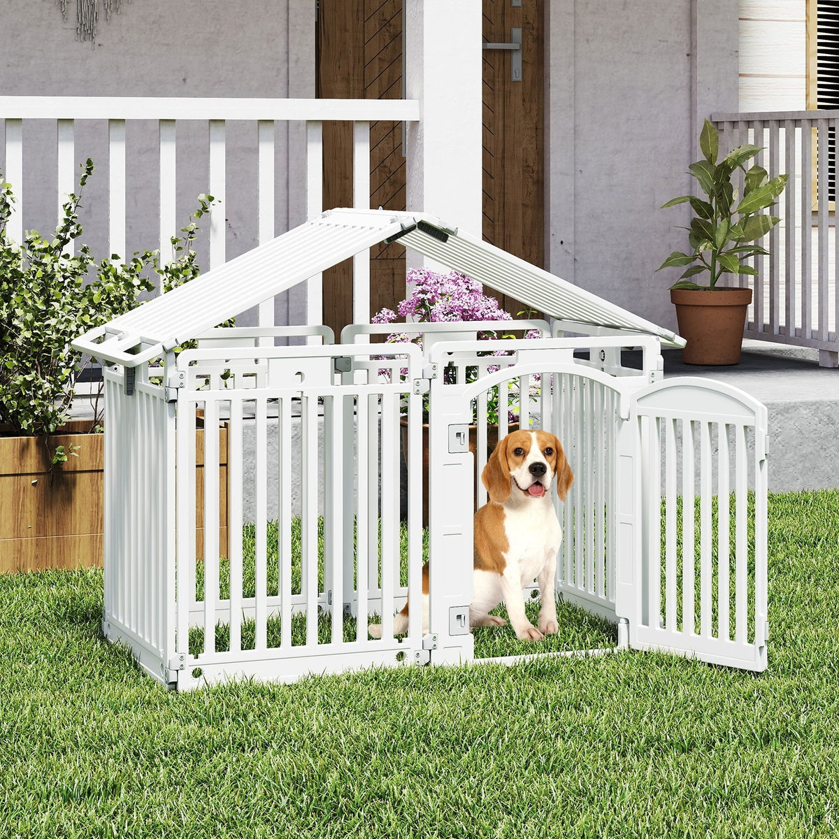 8-Panel Tall Plastic Dog Fence Indoor Outdoor Puppy Pen with Locking Door-White-Pet Gates-DECOROLALA
