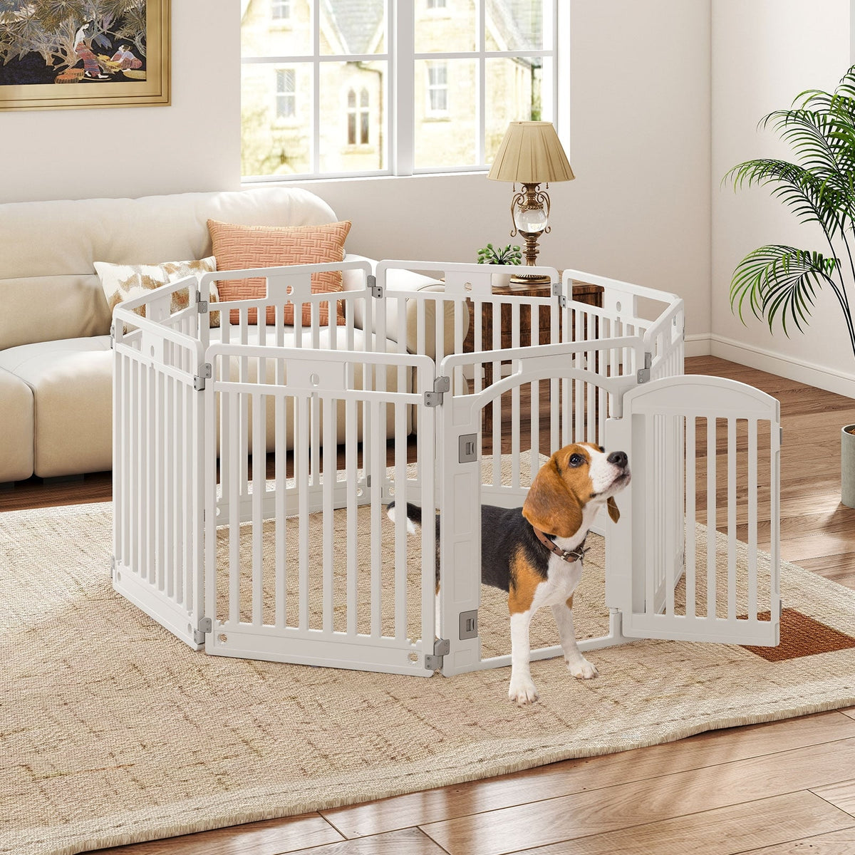 8-Panel Tall Plastic Dog Fence Indoor Outdoor Puppy Pen with Locking Door-White-Pet Gates-DECOROLALA