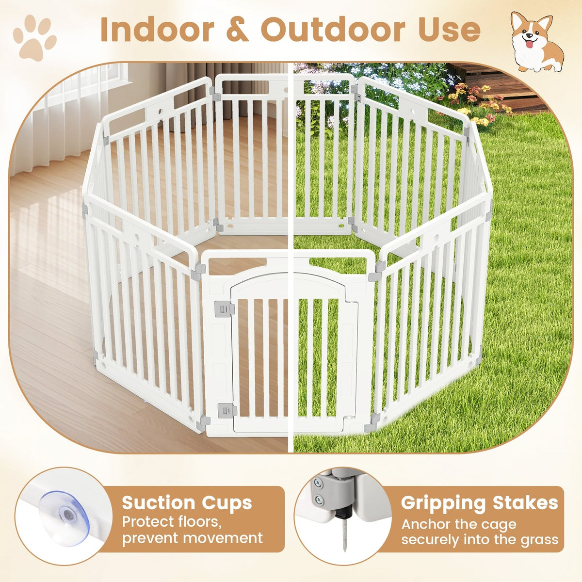 8-Panel Tall Plastic Dog Fence Indoor Outdoor Puppy Pen with Locking Door-White-Pet Gates-DECOROLALA