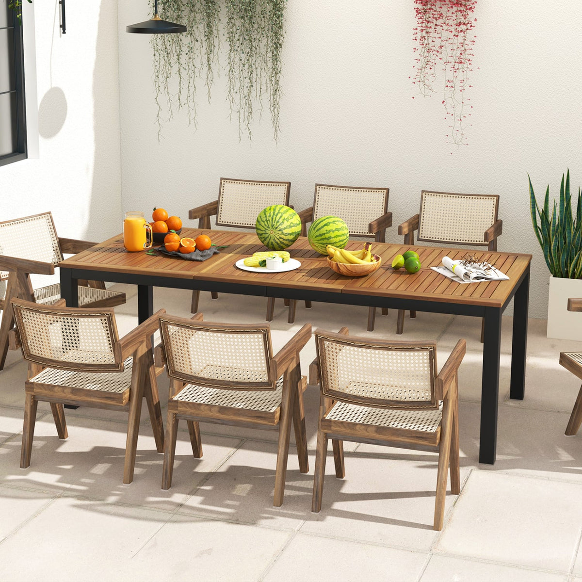 8-Person Outdoor Dining Table 79 Inch Acacia Wood Patio Table with Umbrella Hole-Patio Dining Tables-DECOROLALA