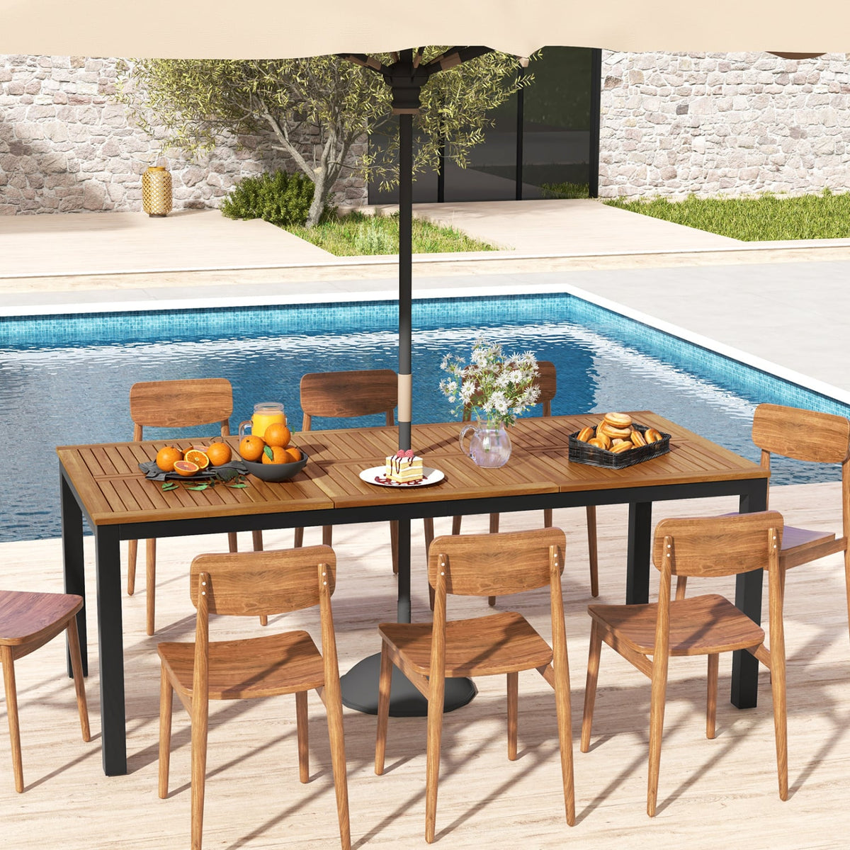 8-Person Outdoor Dining Table 79 Inch Acacia Wood Patio Table with Umbrella Hole-Patio Dining Tables-DECOROLALA