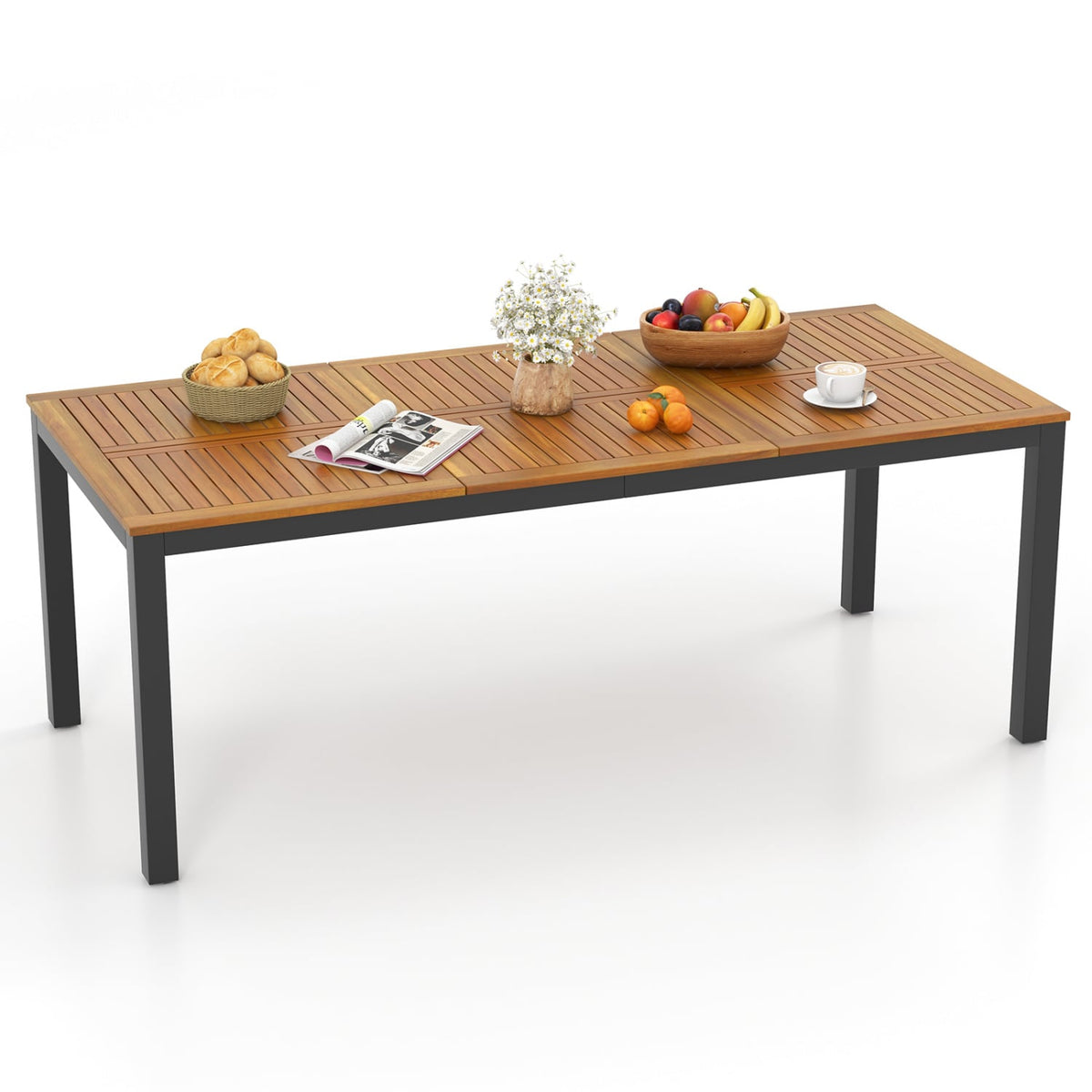8-Person Outdoor Dining Table 79 Inch Acacia Wood Patio Table with Umbrella Hole-Patio Dining Tables-DECOROLALA