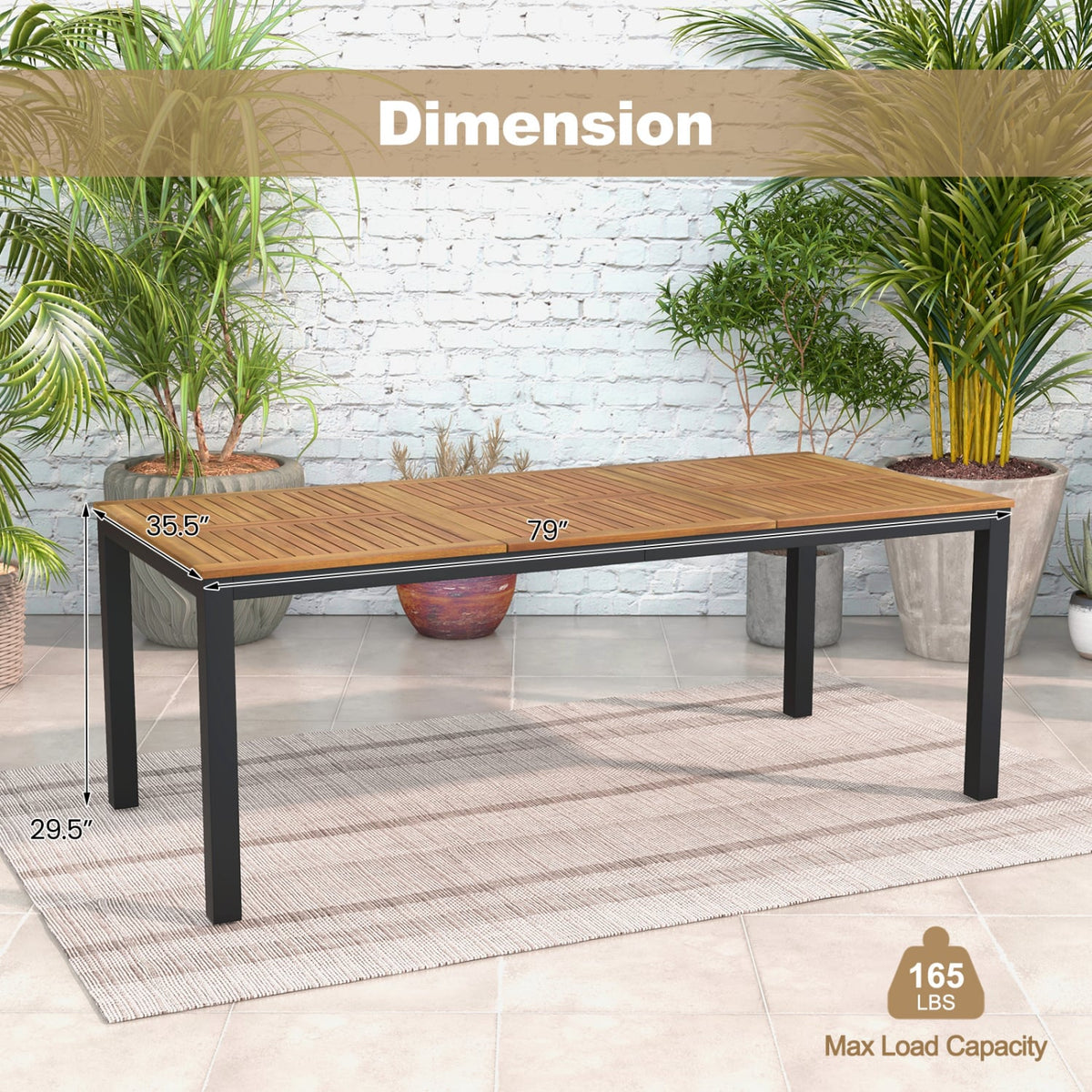 8-Person Outdoor Dining Table 79 Inch Acacia Wood Patio Table with Umbrella Hole-Patio Dining Tables-DECOROLALA