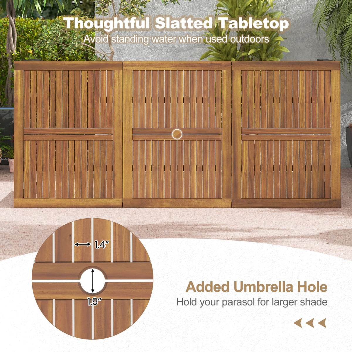 8-Person Outdoor Dining Table 79 Inch Acacia Wood Patio Table with Umbrella Hole-Patio Dining Tables-DECOROLALA