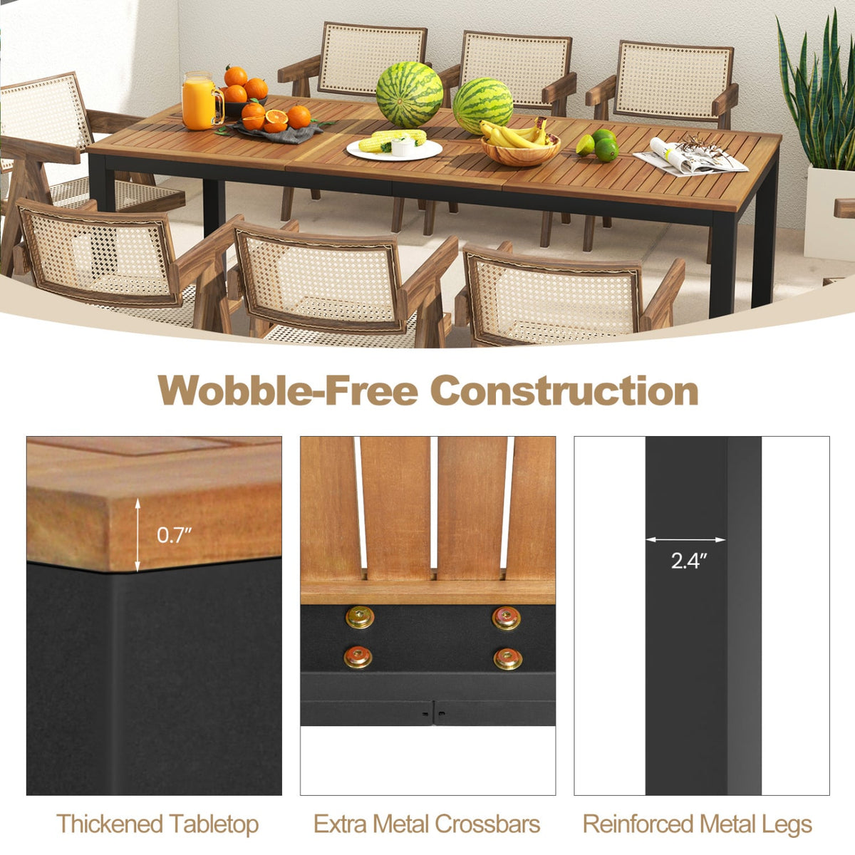 8-Person Outdoor Dining Table 79 Inch Acacia Wood Patio Table with Umbrella Hole-Patio Dining Tables-DECOROLALA