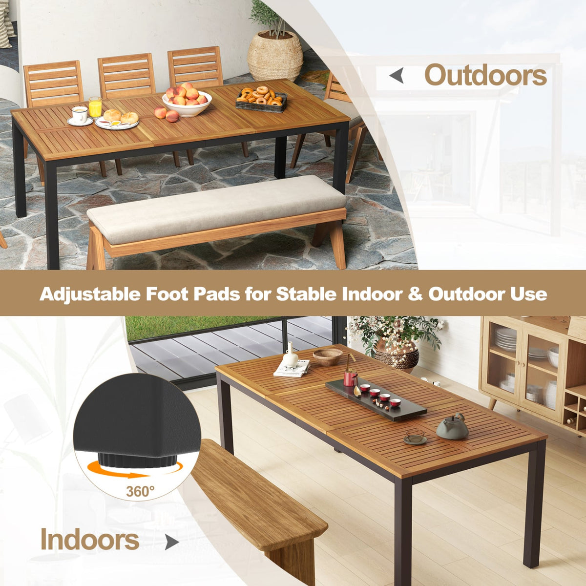 8-Person Outdoor Dining Table 79 Inch Acacia Wood Patio Table with Umbrella Hole-Patio Dining Tables-DECOROLALA