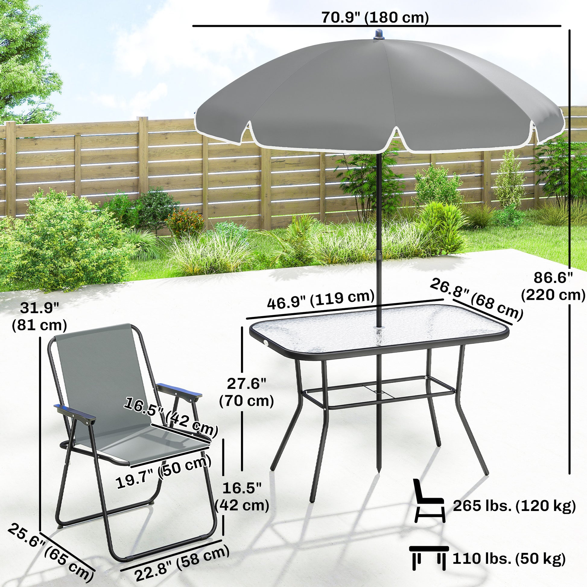 8-Piece Patio Dining Set - 6 Folding Chairs & Umbrella, Grey-DECOROLALA