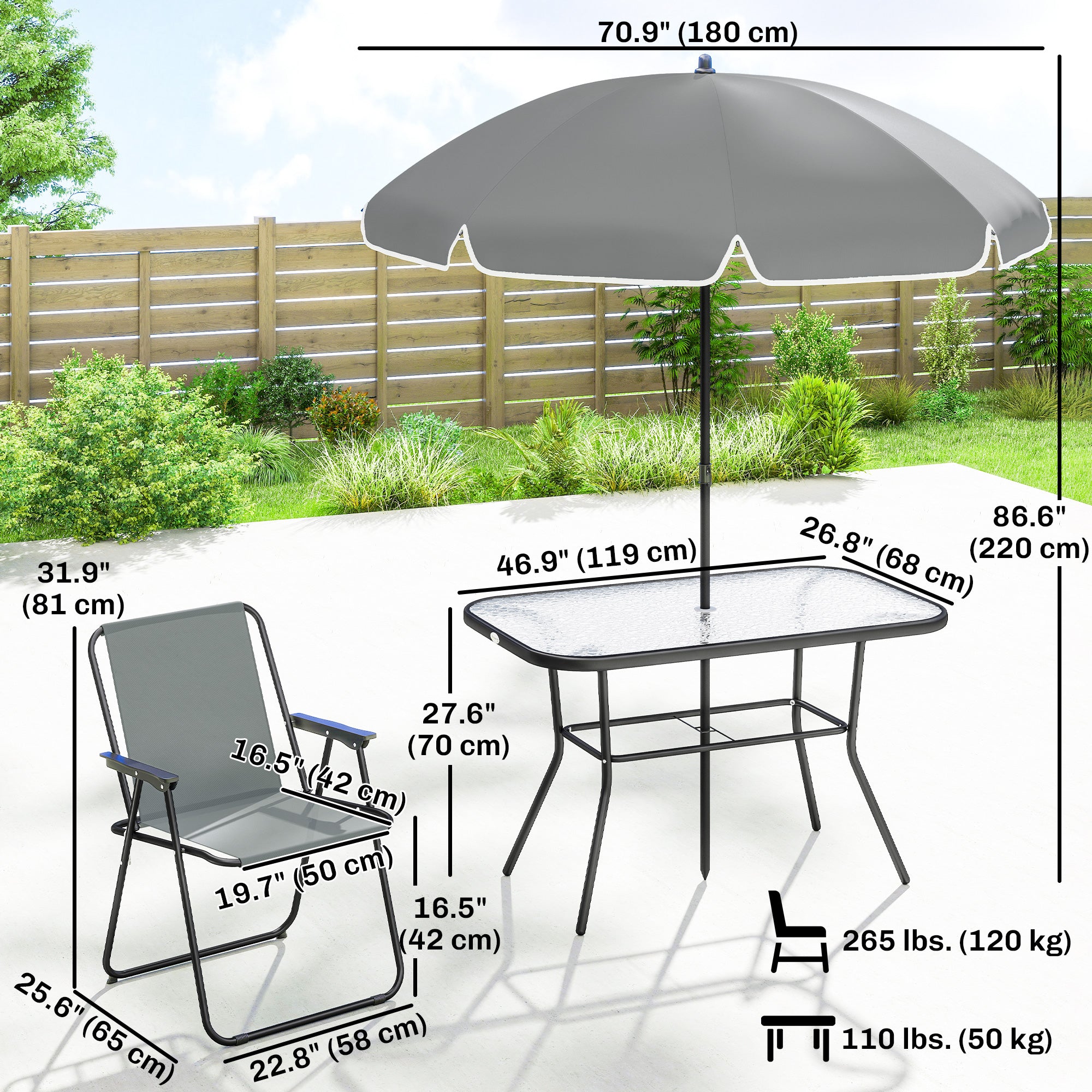 8-Piece Patio Dining Set - 6 Folding Chairs & Umbrella, Grey-DECOROLALA
