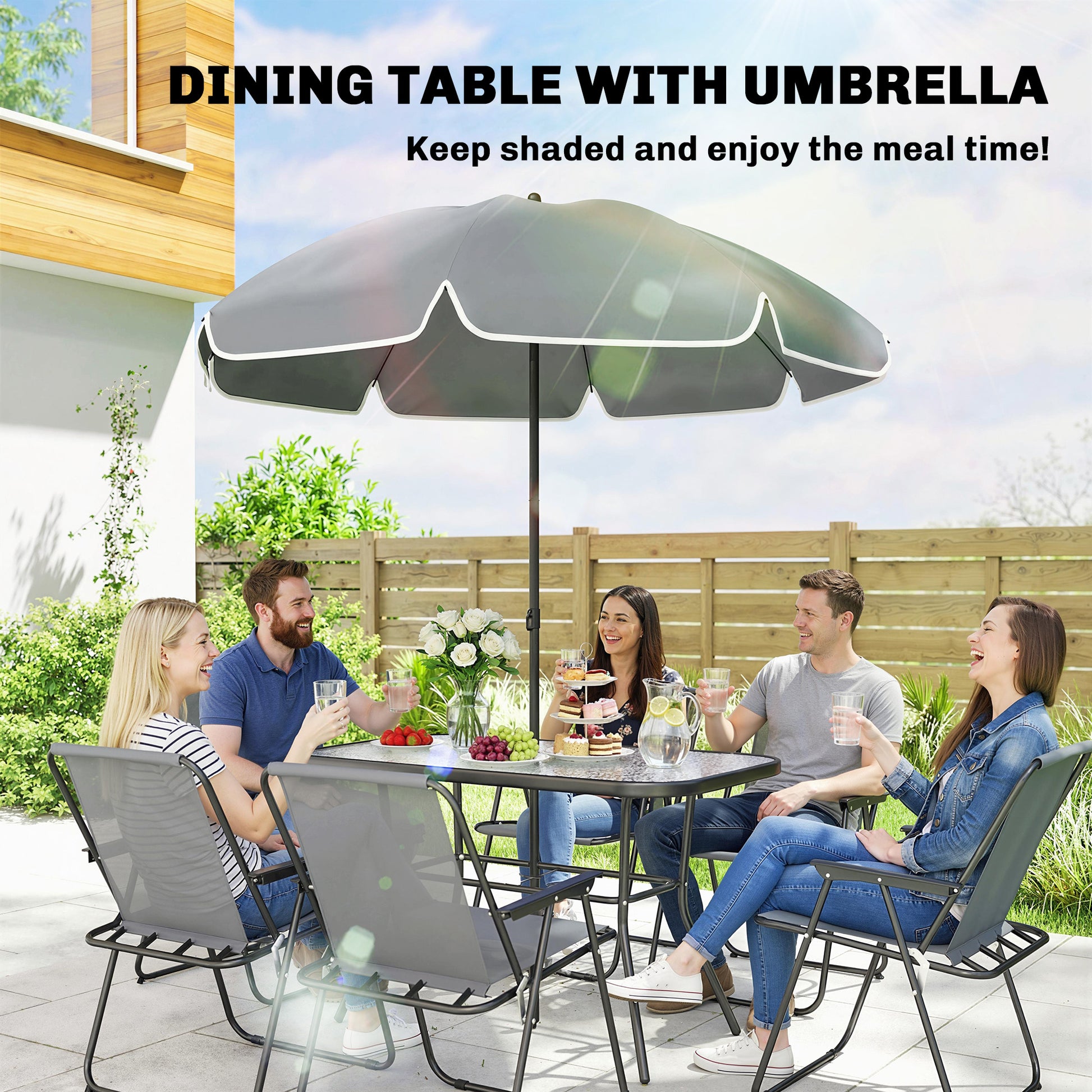 8-Piece Patio Dining Set - 6 Folding Chairs & Umbrella, Grey-DECOROLALA