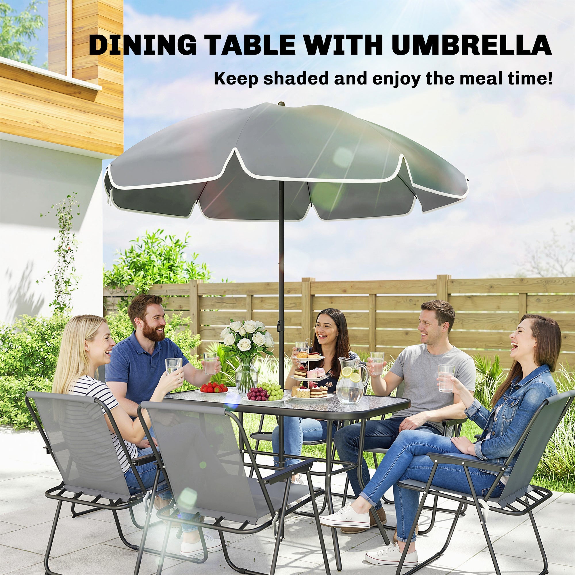 8-Piece Patio Dining Set - 6 Folding Chairs & Umbrella, Grey-DECOROLALA
