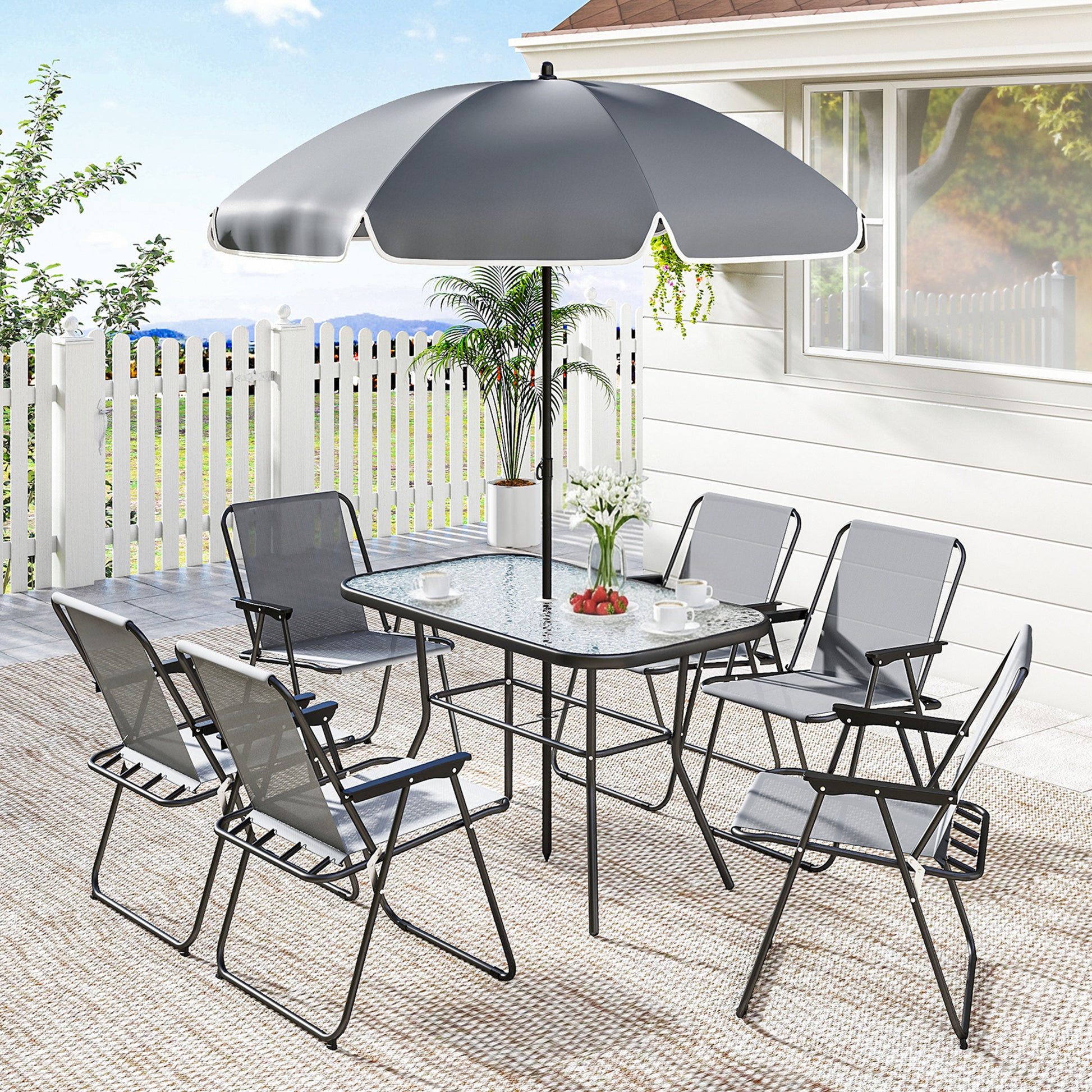 8-Piece Patio Dining Set - 6 Folding Chairs & Umbrella, Grey-DECOROLALA