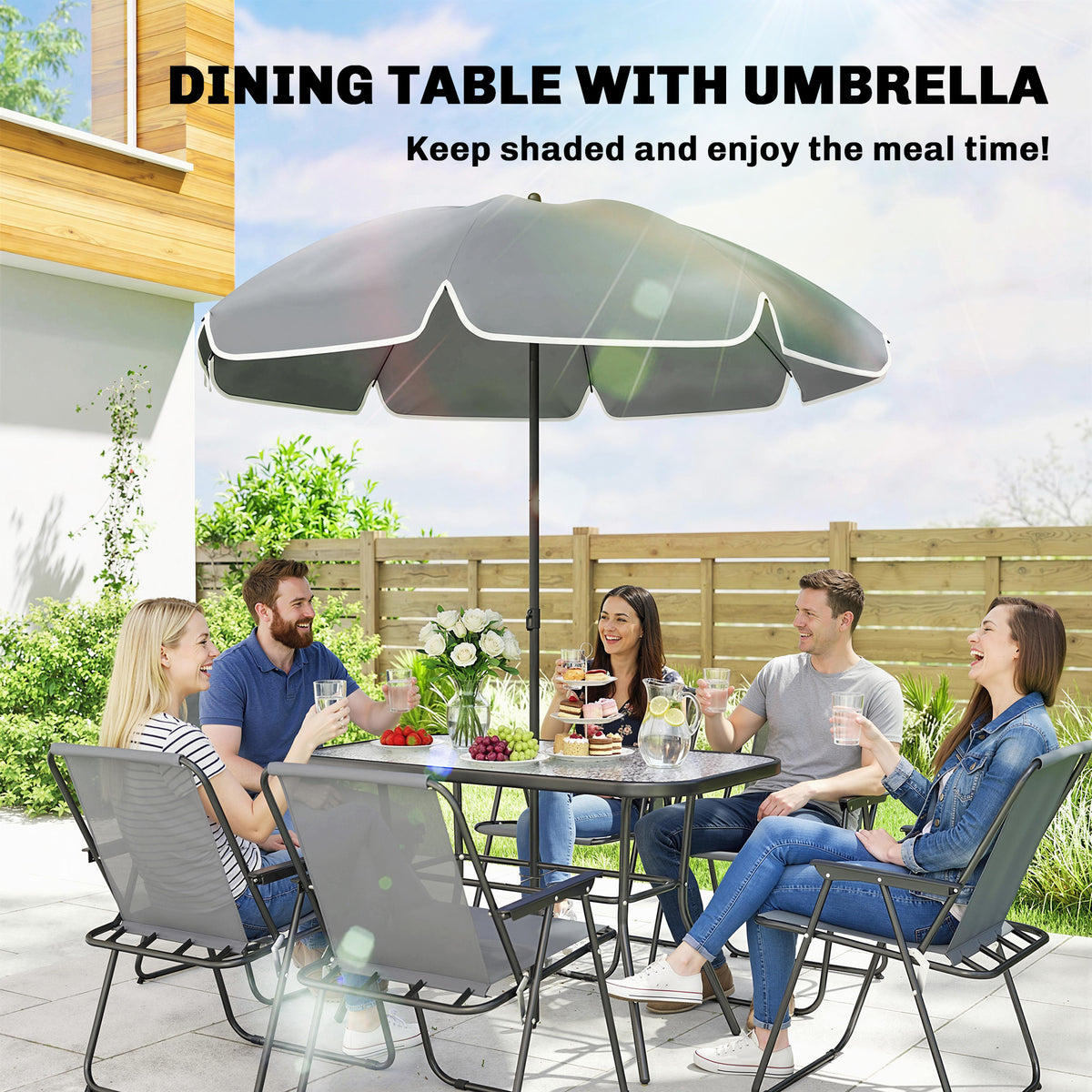 8-Piece Patio Dining Set - 6 Folding Chairs & Umbrella, Grey-Patio Dining Sets-DECOROLALA