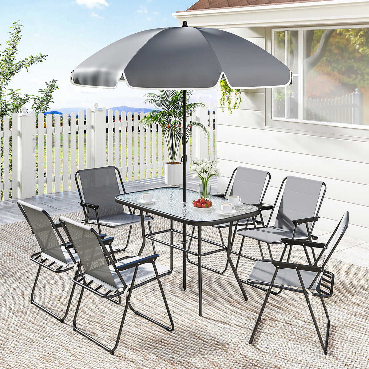 8-Piece Patio Dining Set - 6 Folding Chairs & Umbrella, Grey-Patio Dining Sets-DECOROLALA