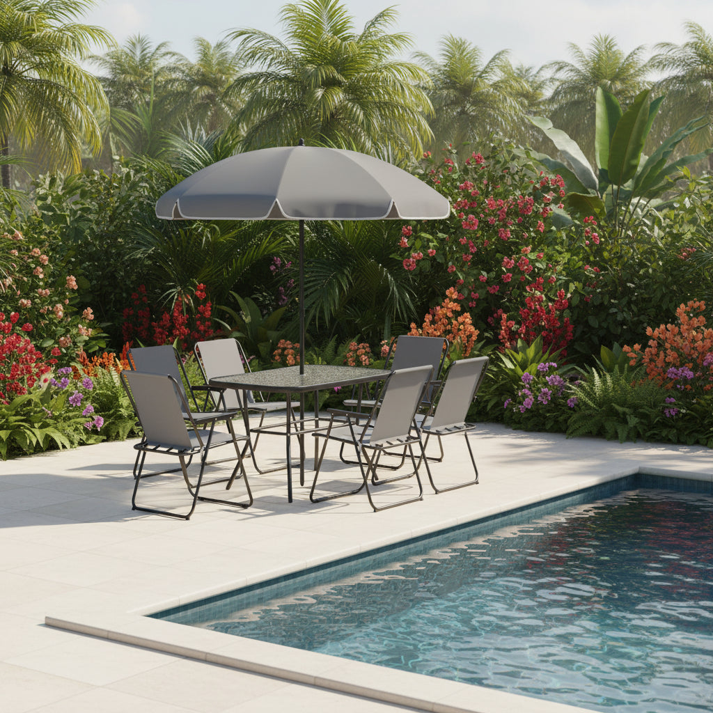 8-Piece Patio Dining Set - 6 Folding Chairs & Umbrella, Grey-DECOROLALA