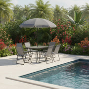 8-Piece Patio Dining Set - 6 Folding Chairs & Umbrella, Grey-DECOROLALA