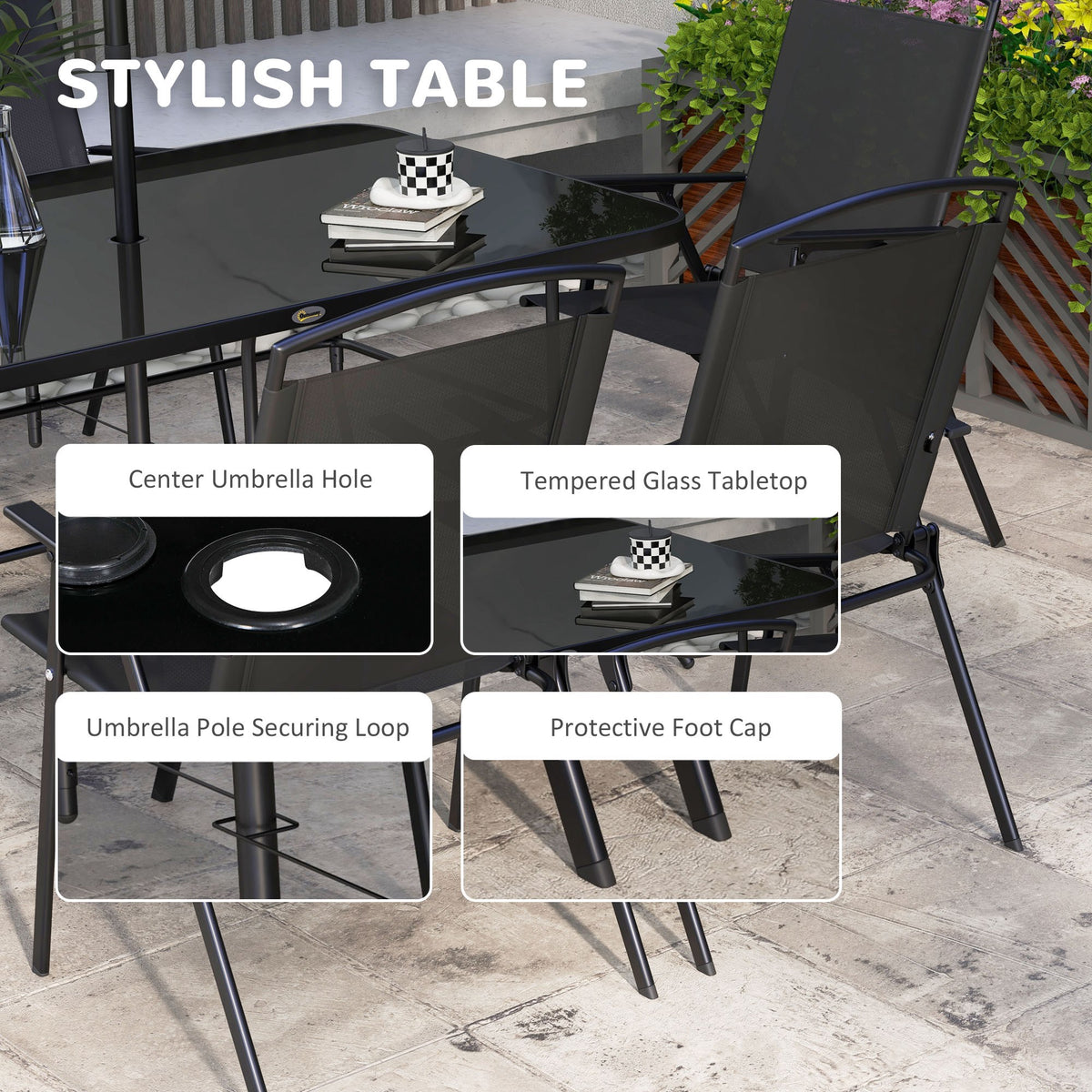 8 Piece Patio Dining Set - Black Mesh Chairs-Patio Dining Sets-DECOROLALA