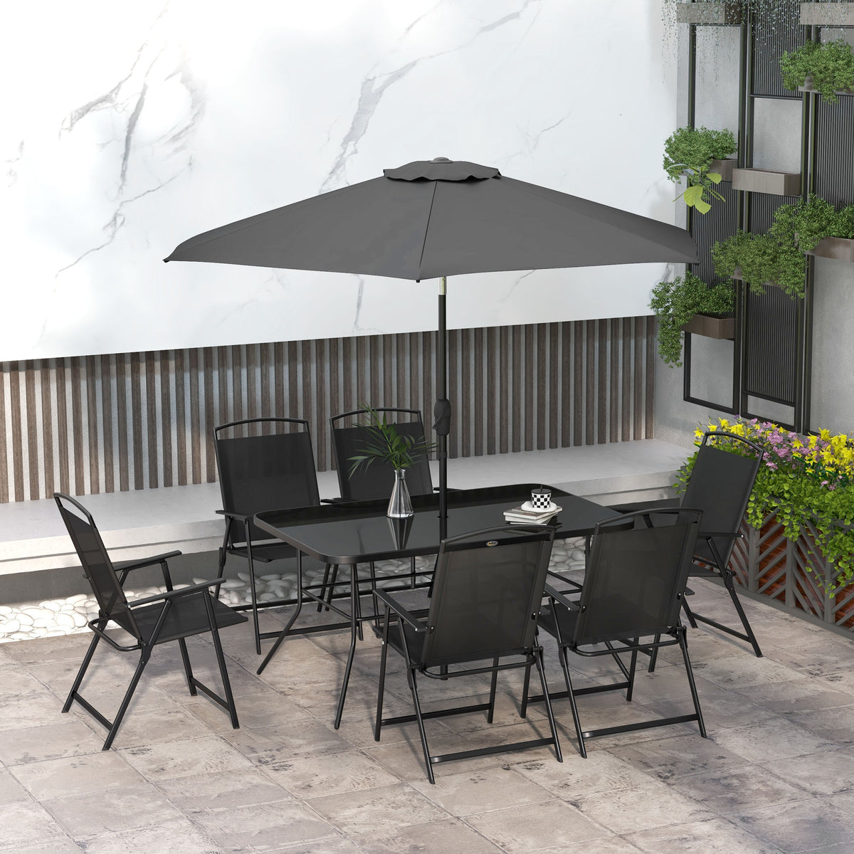8 Piece Patio Dining Set - Black Mesh Chairs-Patio Dining Sets-DECOROLALA