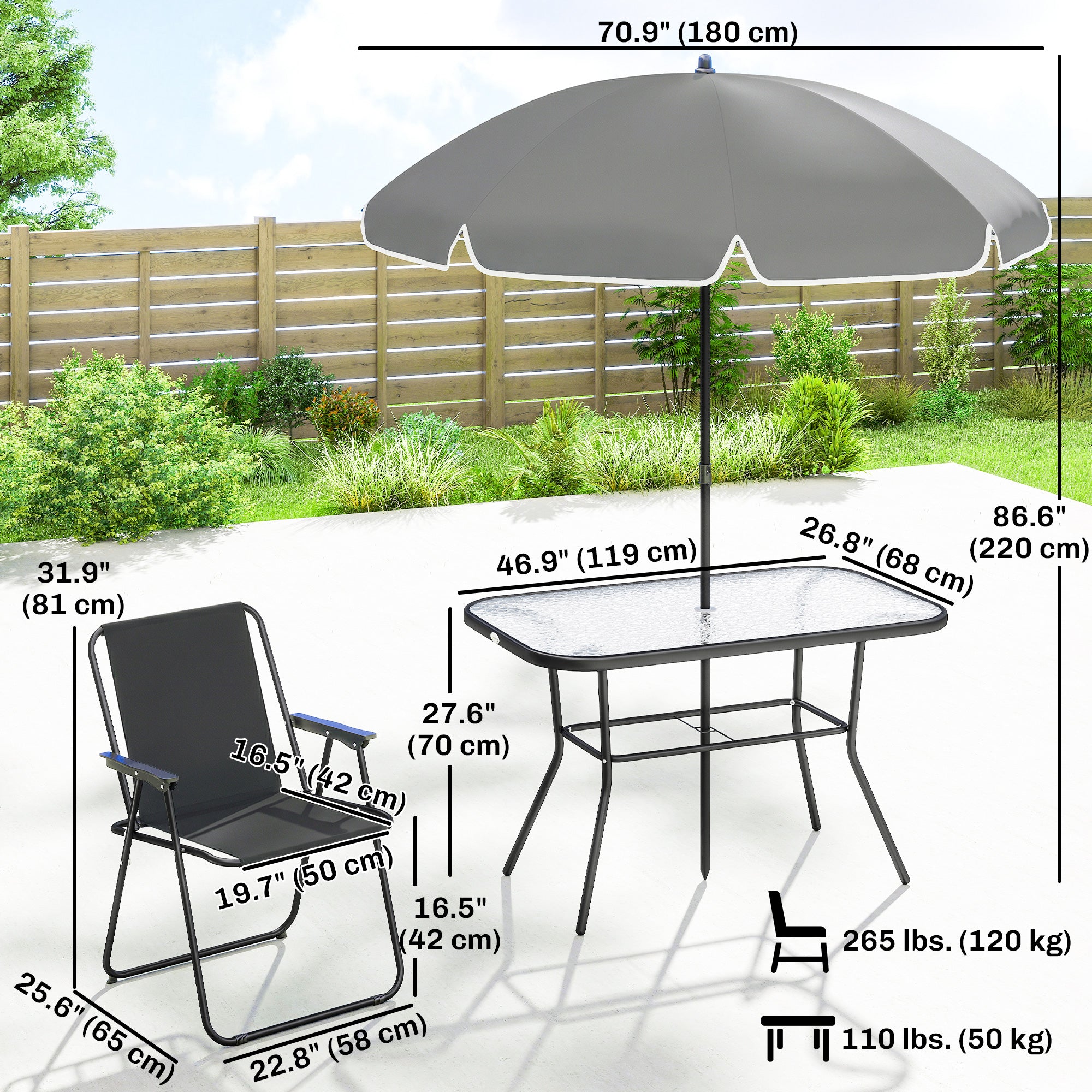 8-Piece Patio Dining Set with 6 Folding Chairs & Umbrella-DECOROLALA