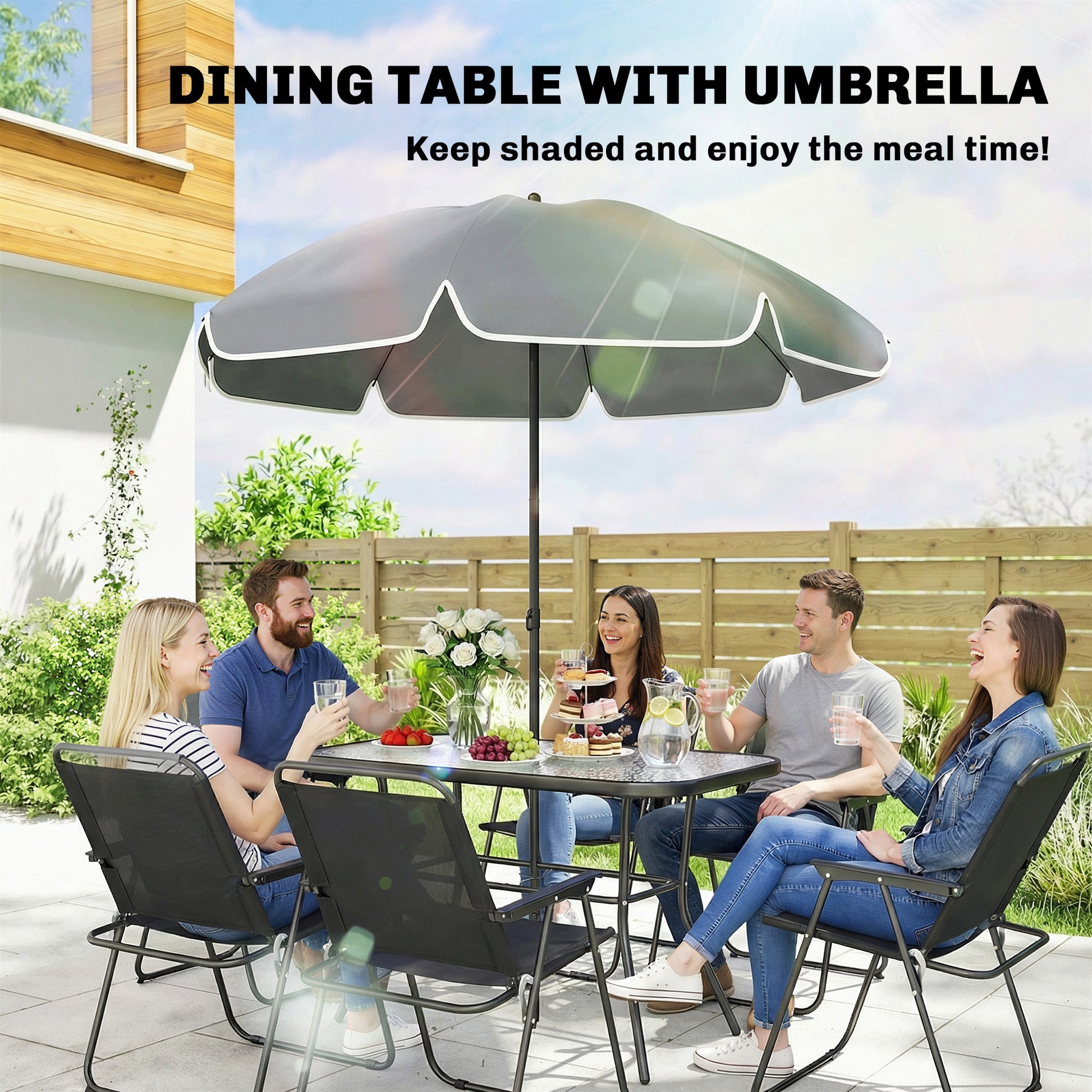 8-Piece Patio Dining Set with 6 Folding Chairs & Umbrella-DECOROLALA