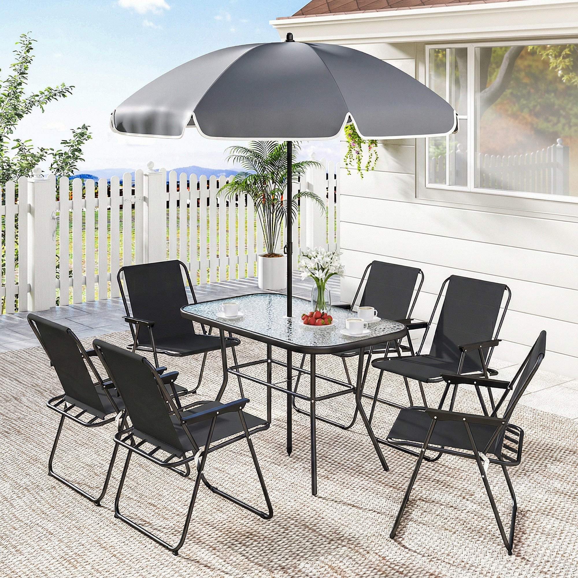 8-Piece Patio Dining Set with 6 Folding Chairs & Umbrella-DECOROLALA