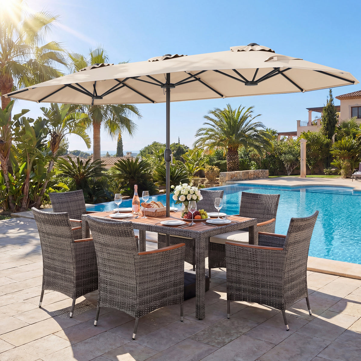 8-Piece Patio Dining Set with Double-Sided Market Umbrella-Beige-Patio Dining Sets-DECOROLALA