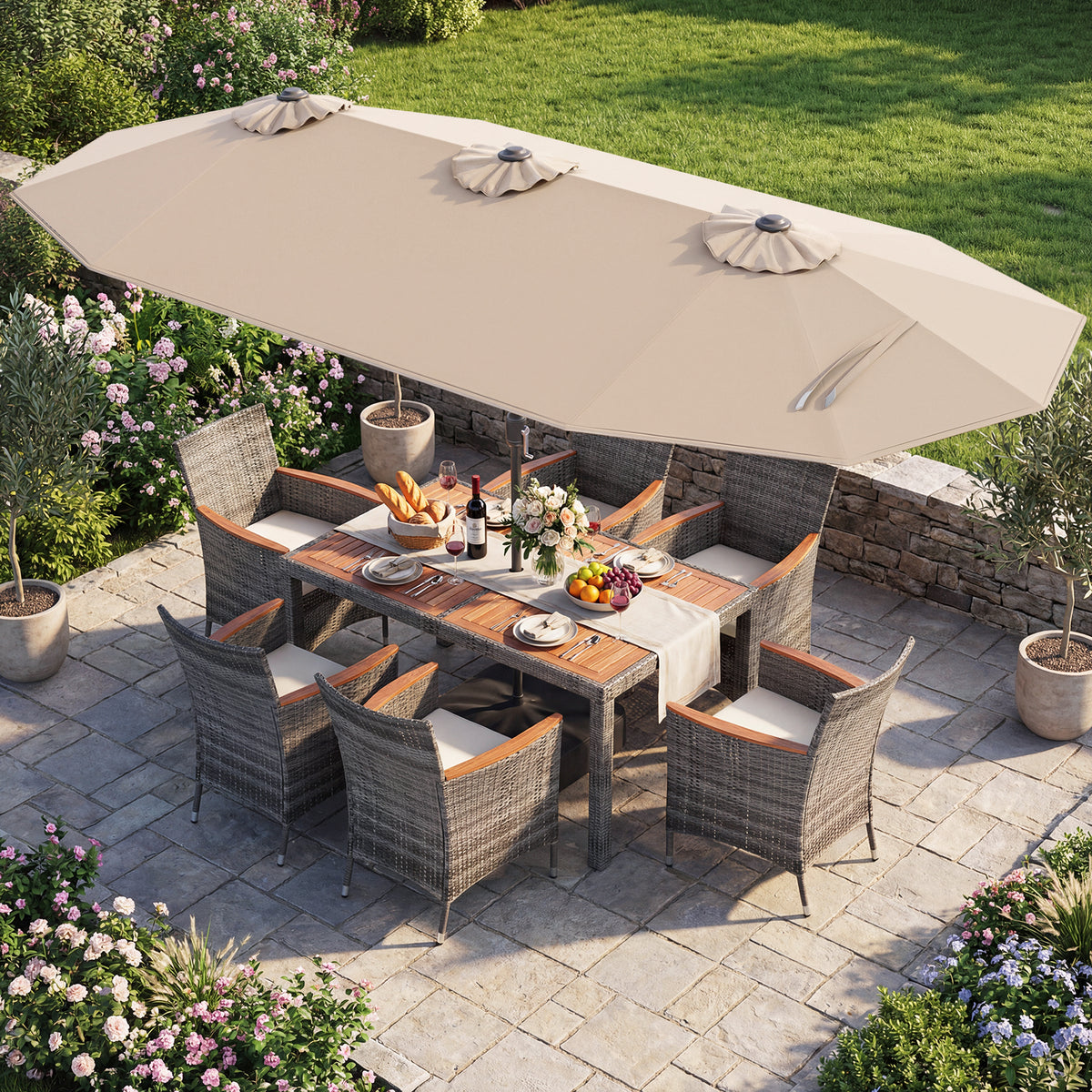 8-Piece Patio Dining Set with Double-Sided Market Umbrella-Beige-Patio Dining Sets-DECOROLALA