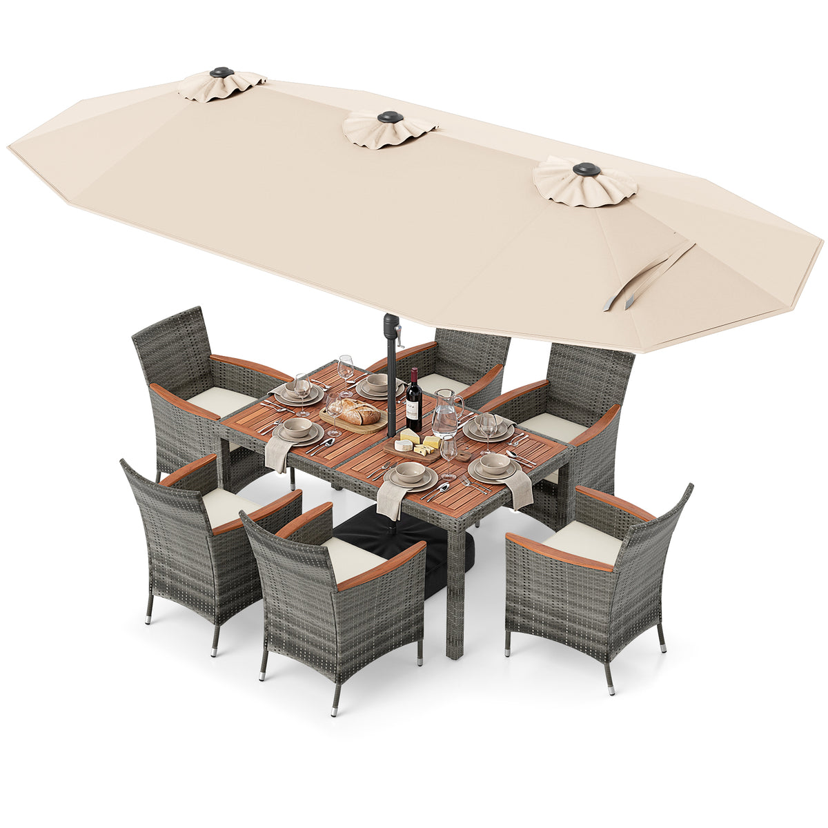 8-Piece Patio Dining Set with Double-Sided Market Umbrella-Beige-Patio Dining Sets-DECOROLALA