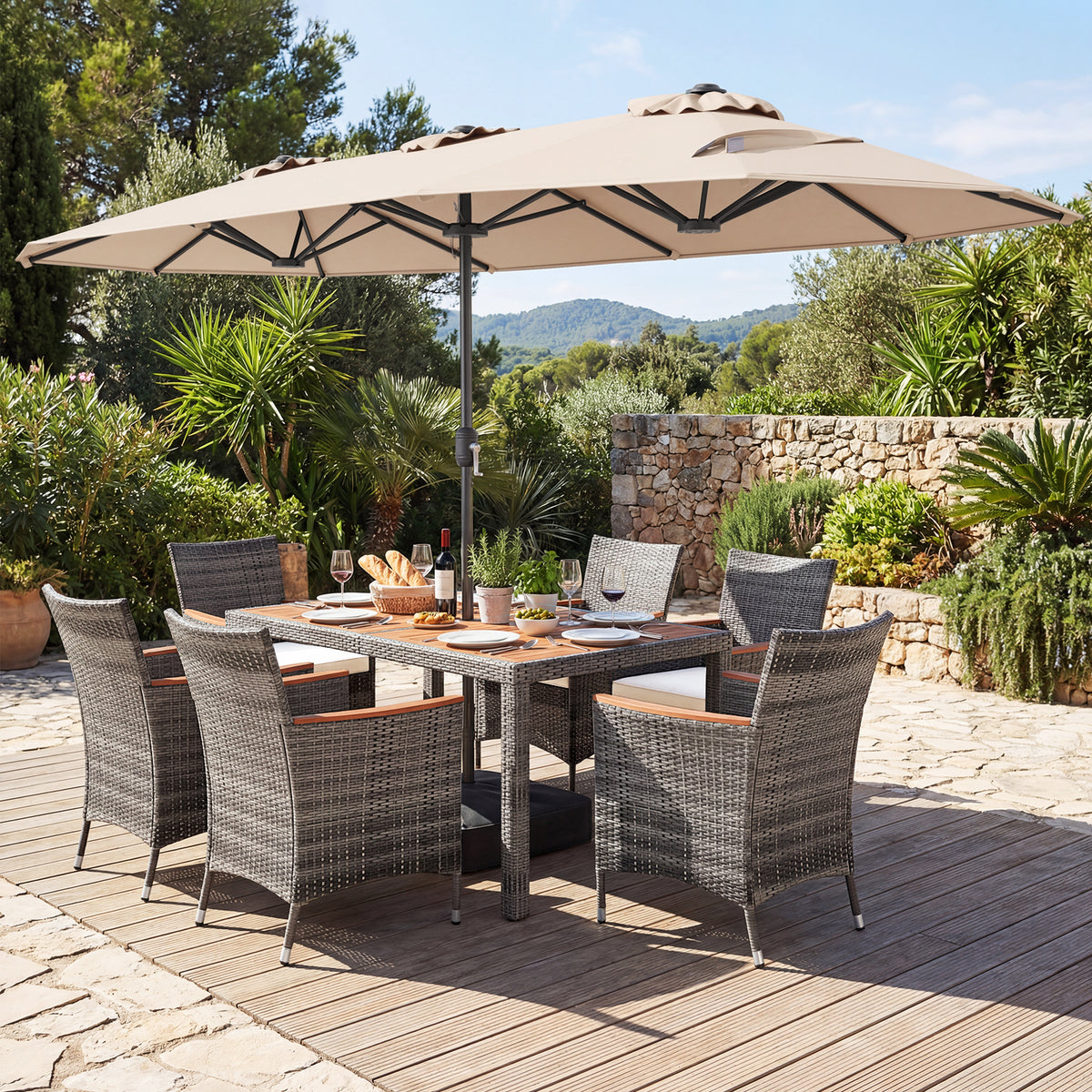 8-Piece Patio Dining Set with Double-Sided Market Umbrella-Beige-Patio Dining Sets-DECOROLALA