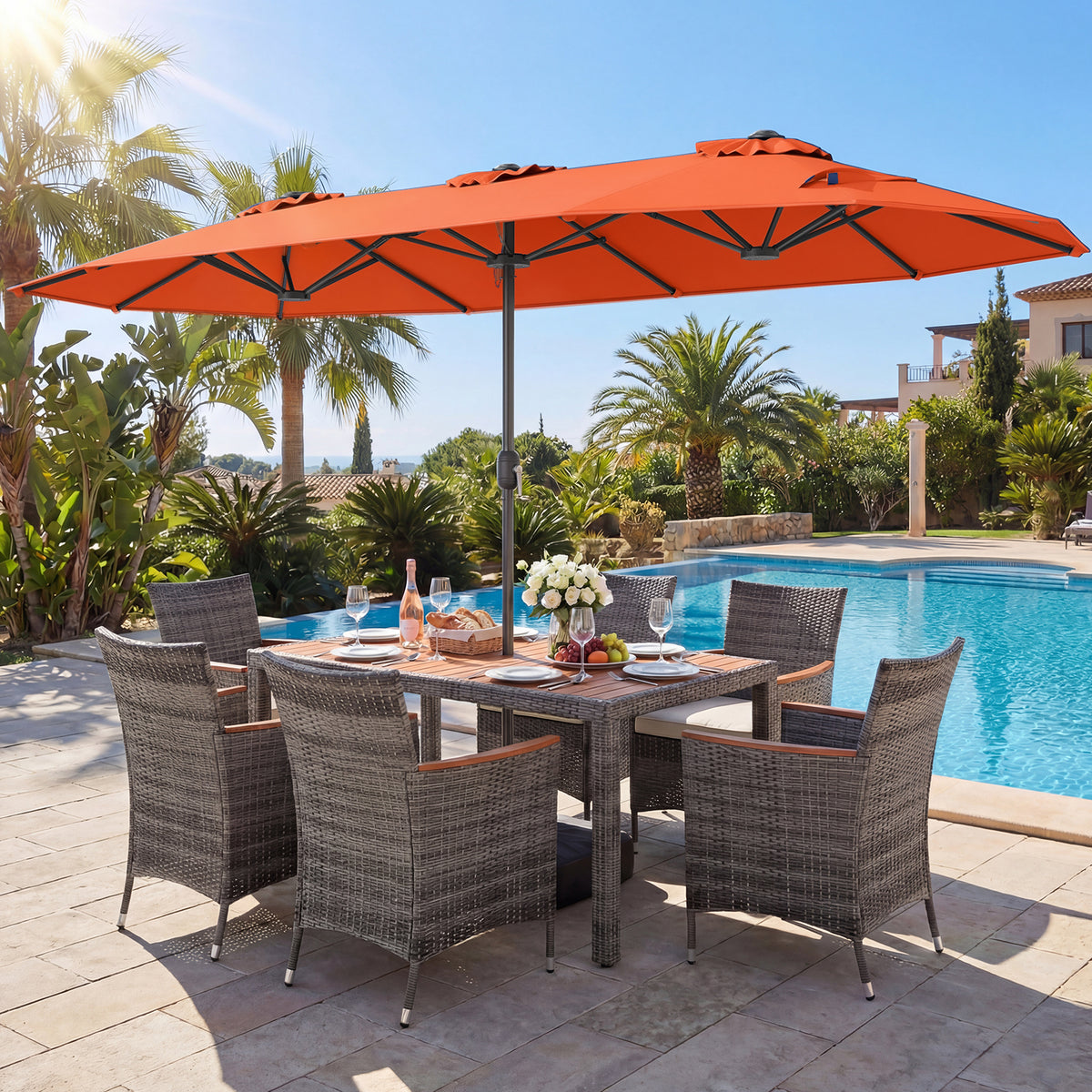 8-Piece Patio Dining Set with Double-Sided Market Umbrella-Orange-Patio Dining Sets-DECOROLALA