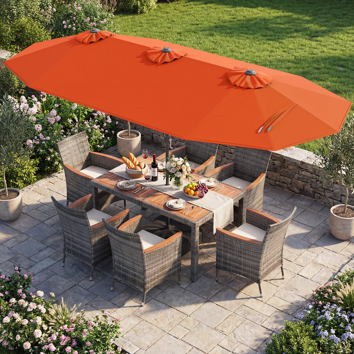 8-Piece Patio Dining Set with Double-Sided Market Umbrella-Orange-Patio Dining Sets-DECOROLALA