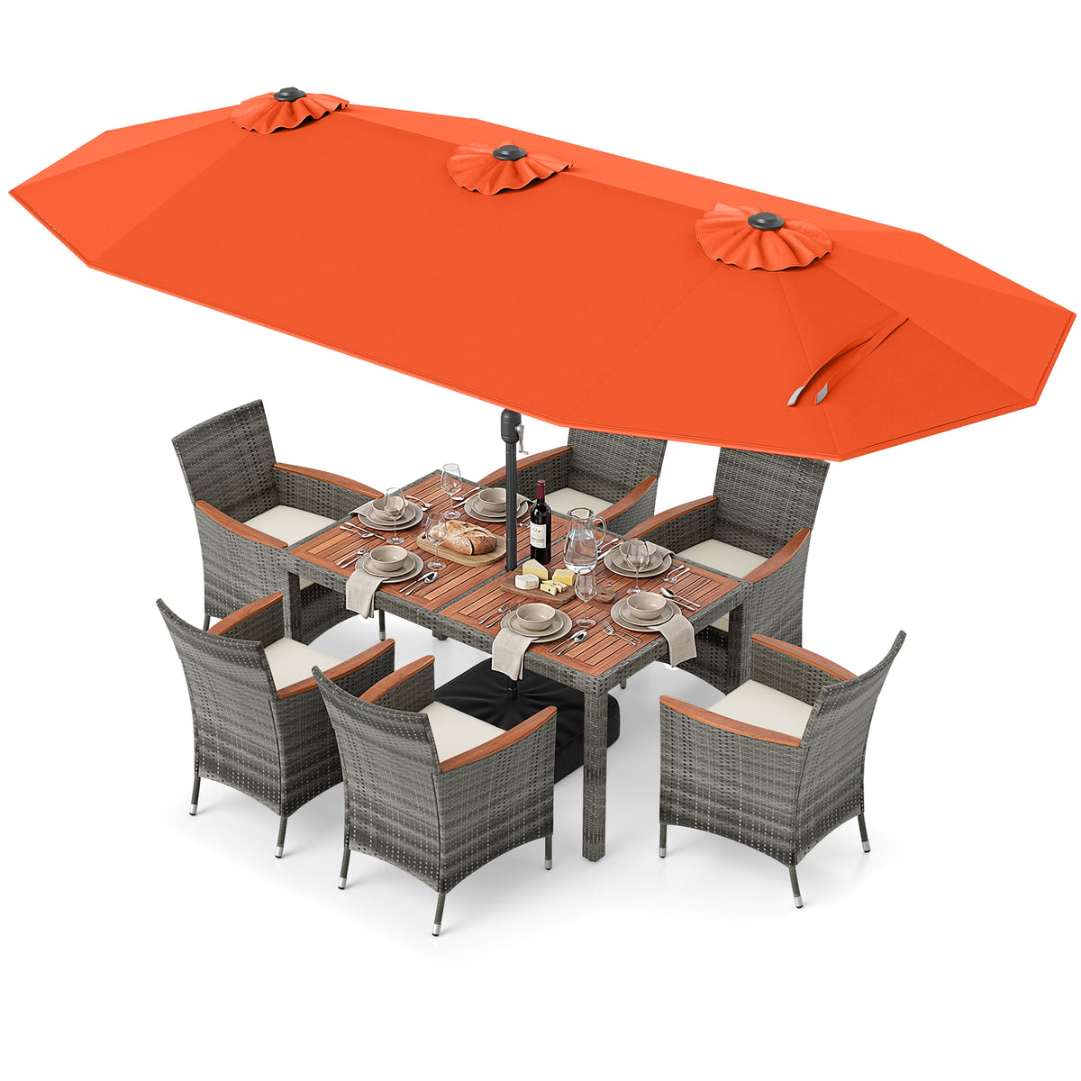 8-Piece Patio Dining Set with Double-Sided Market Umbrella-Orange-Patio Dining Sets-DECOROLALA