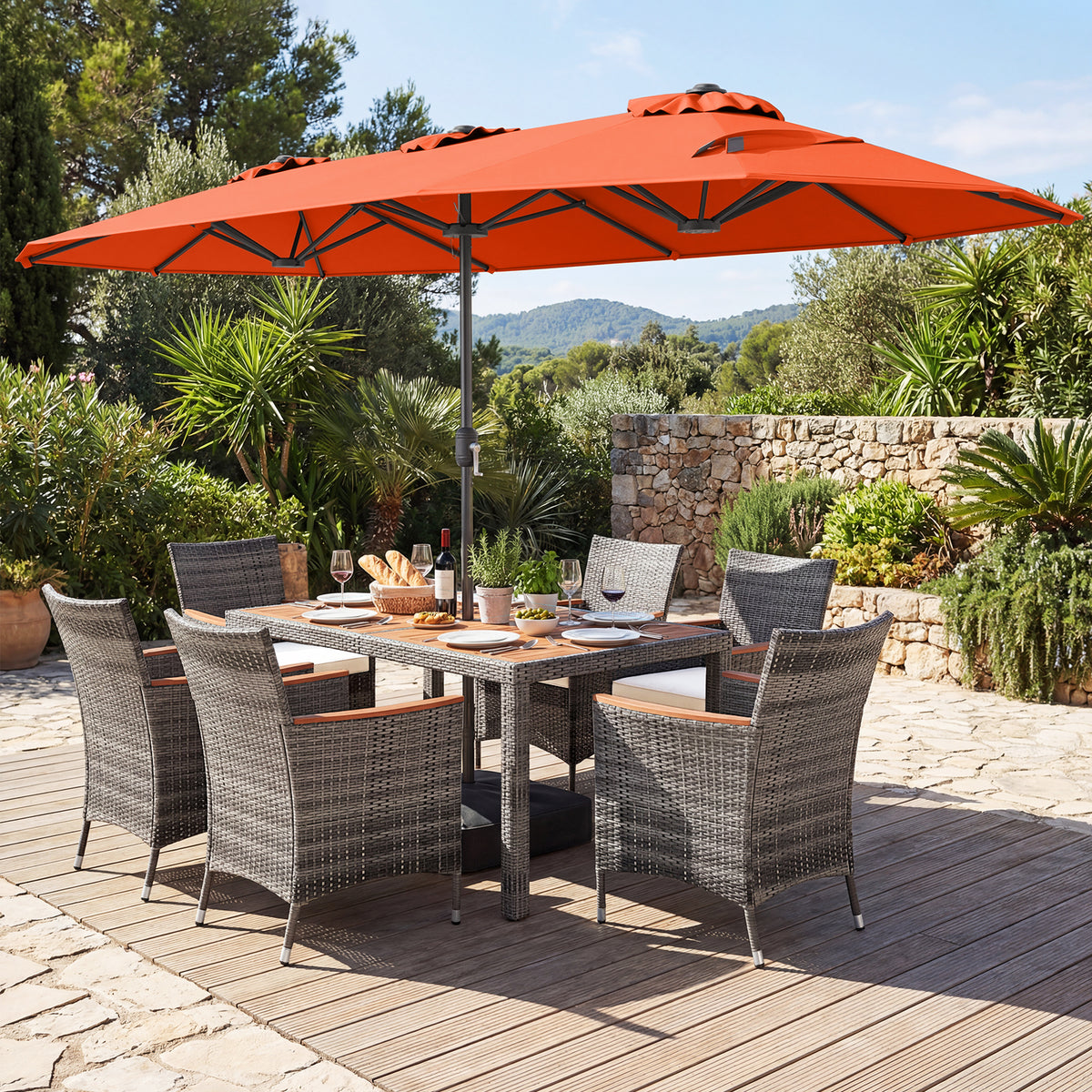 8-Piece Patio Dining Set with Double-Sided Market Umbrella-Orange-Patio Dining Sets-DECOROLALA