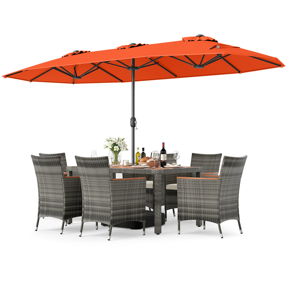 8-Piece Patio Dining Set with Double-Sided Market Umbrella-Orange-Patio Dining Sets-DECOROLALA