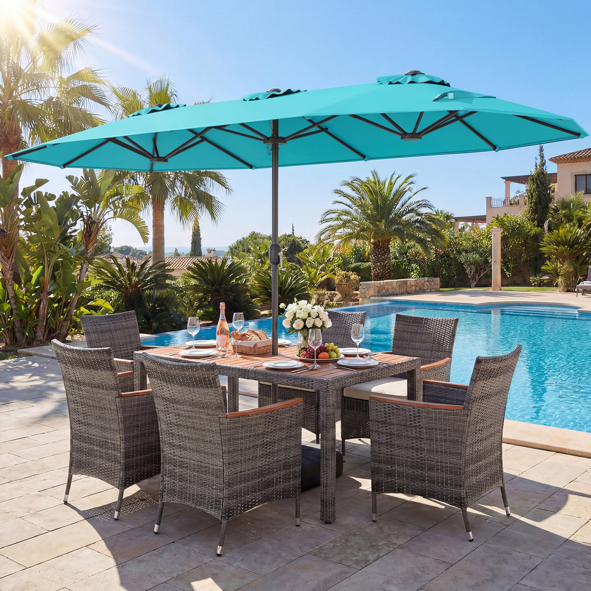 8-Piece Patio Dining Set with Double-Sided Market Umbrella-Turquoise-Patio Dining Sets-DECOROLALA