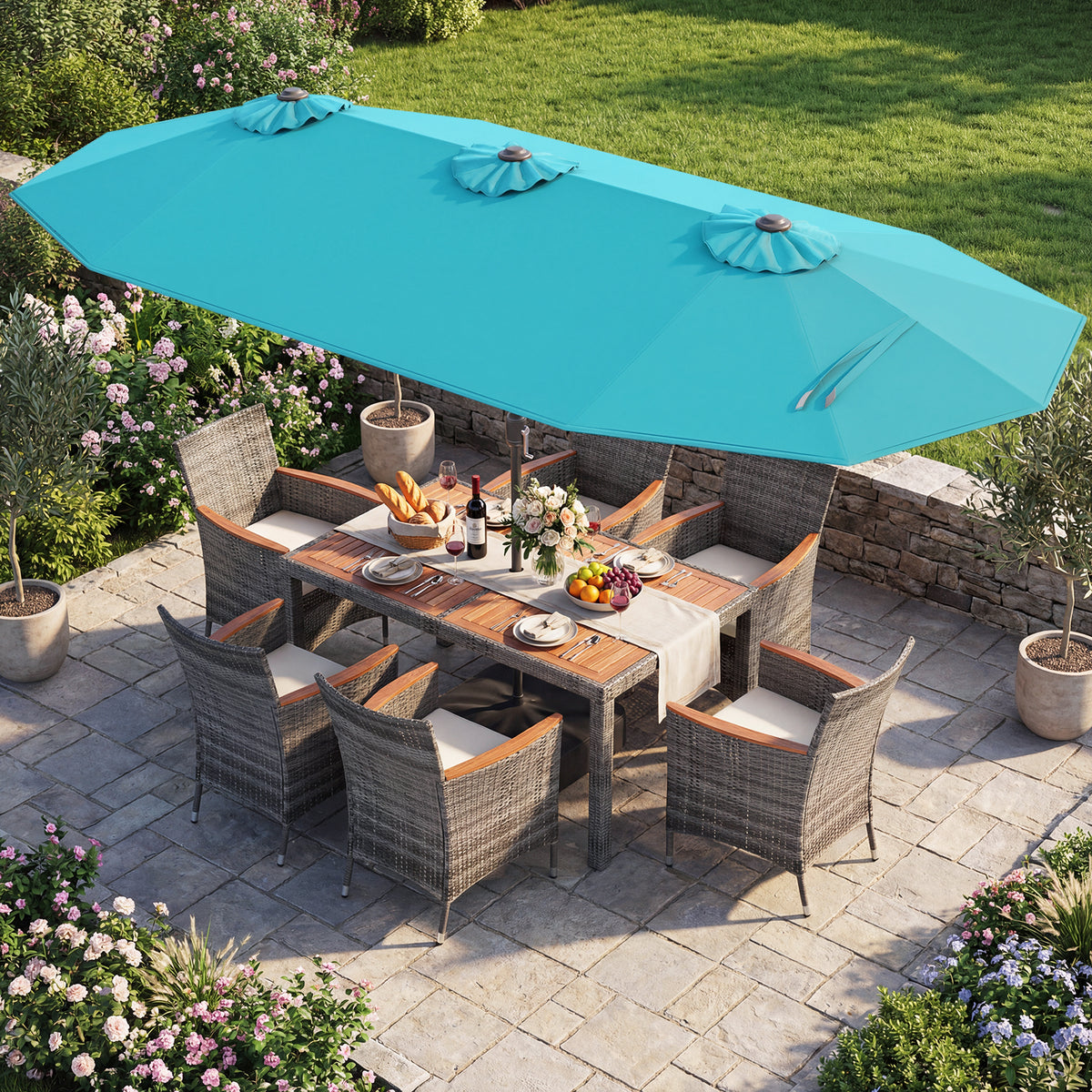 8-Piece Patio Dining Set with Double-Sided Market Umbrella-Turquoise-Patio Dining Sets-DECOROLALA
